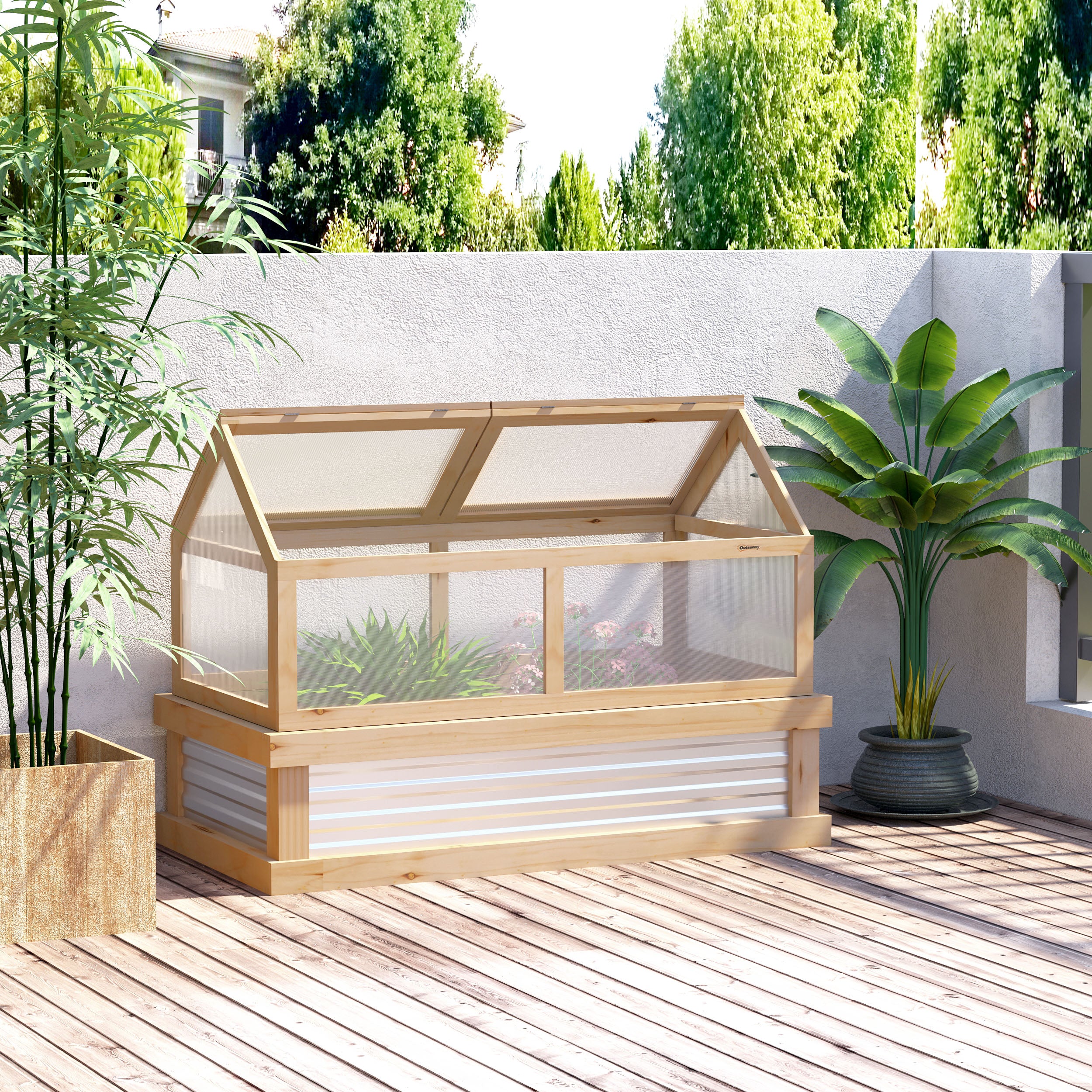 Kozy Raised Garden Bed with Greenhouse Top, Garden Wooden Cold Frame Greenhouse Flower Planter Protection with 2 Independent Roofs, 122x 61 x 82cm, Natural
