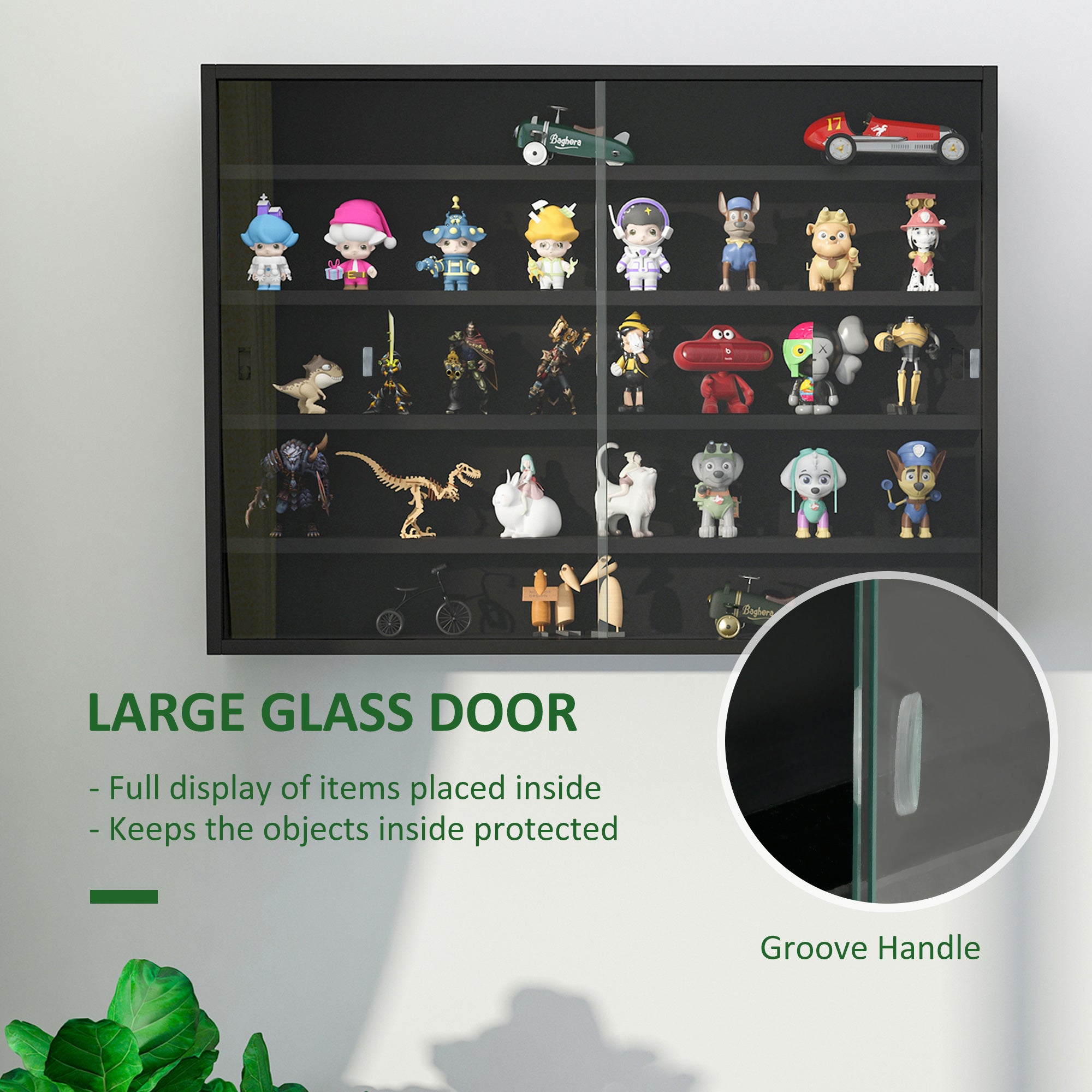 Kozy 5-Tier Wall Display Shelf Unit Cabinet w/ 4 Adjustable Shelves Glass Doors Home Office Ornaments 60x80cm Black