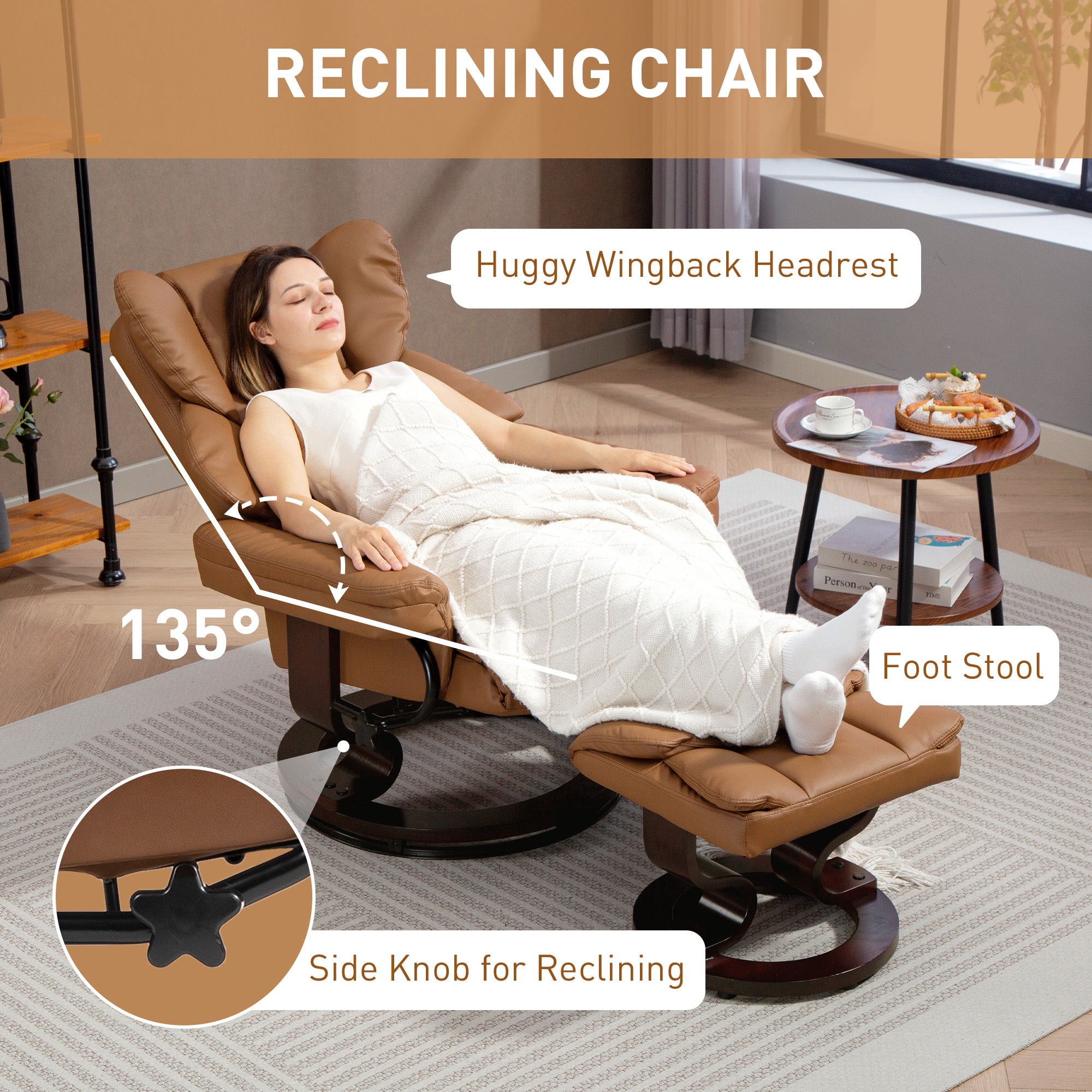 Kozy - Faux Leather Reclining Chair and Footstool - Brown