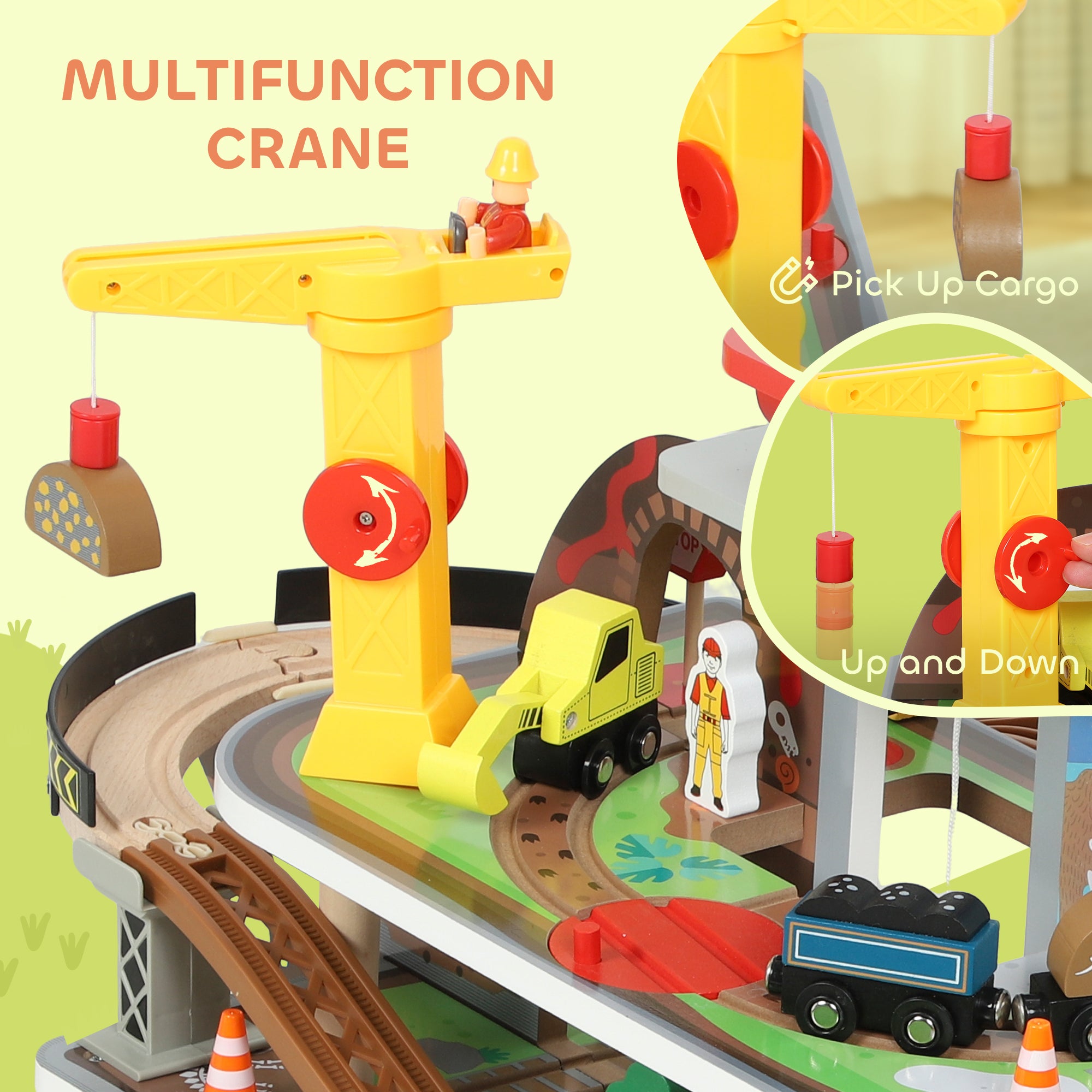 Kozy 79 Piece Wooden Train Set, Kids Train Track Mine Themed with Crane, Helicopter