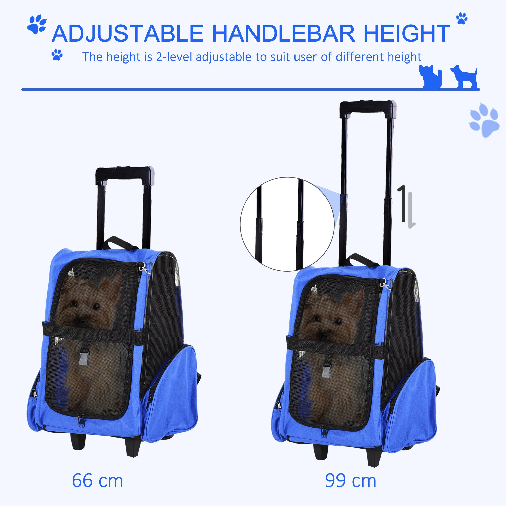 PawHut Portable Pet Carrier Backpack with Trolley, Telescopic Handle, Stroller Wheels for Cats & Dogs, 42 x 25 x 55 cm, Blue