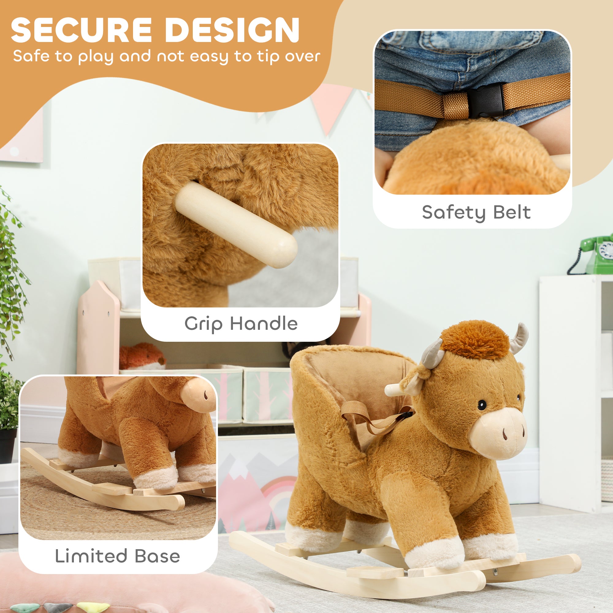 Kozy Baby Rocking Horse with Safety Belt, Wood Base, Animal Rocker for Children, Brown