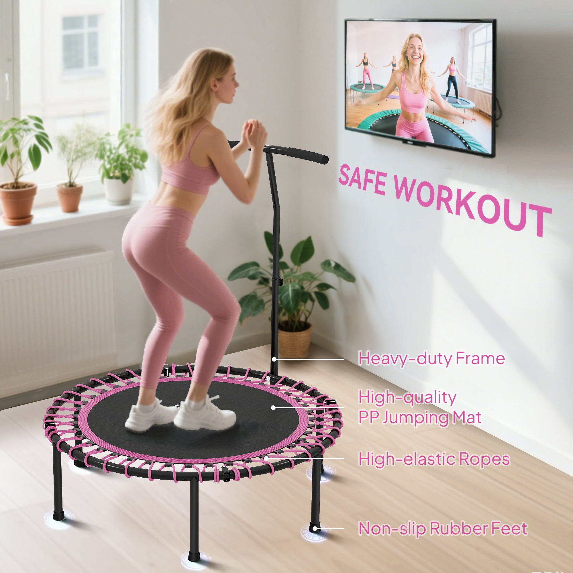 Kozy Mini Round Steel Frame Trampoline w/ Adjustable Handle, Pink