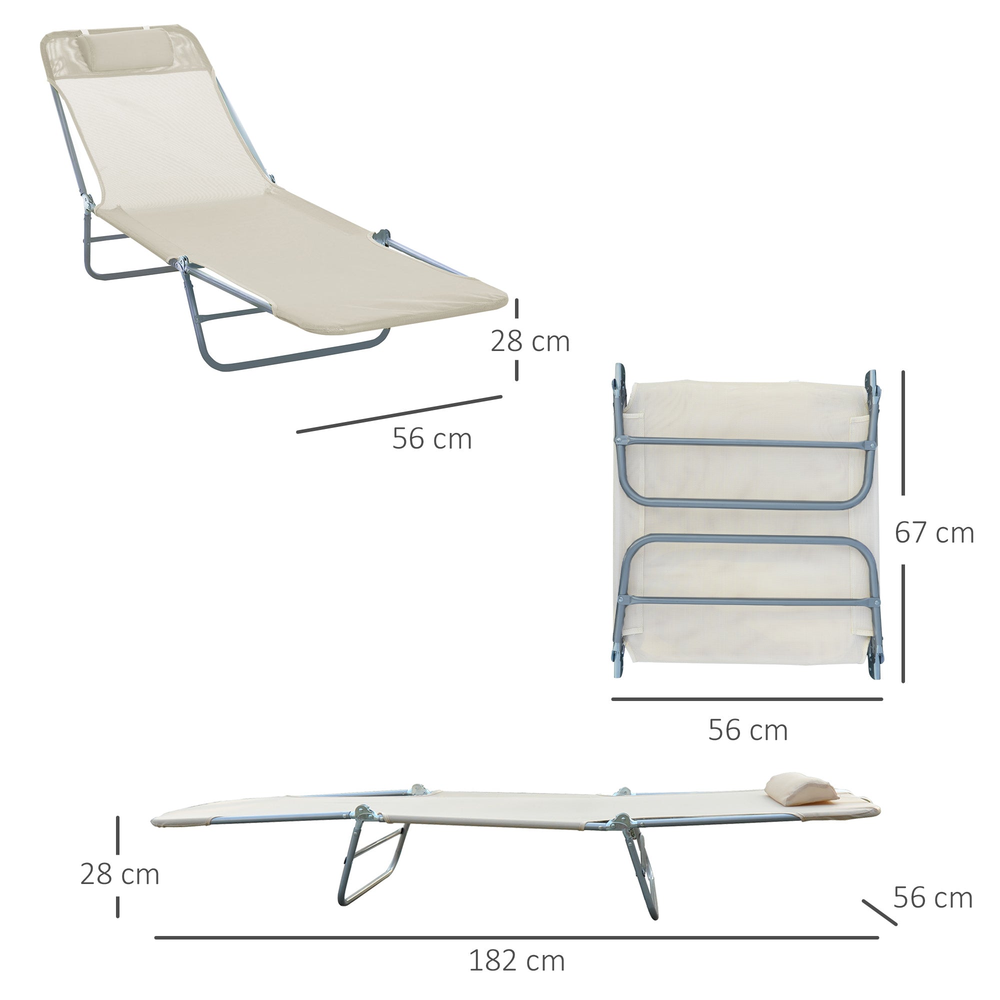 Kozy Outdoor Foldable Sun Lounger, Adjustable Backrest Garden Recliner Sun Lounger Chair with Headrest Pillow, Beige