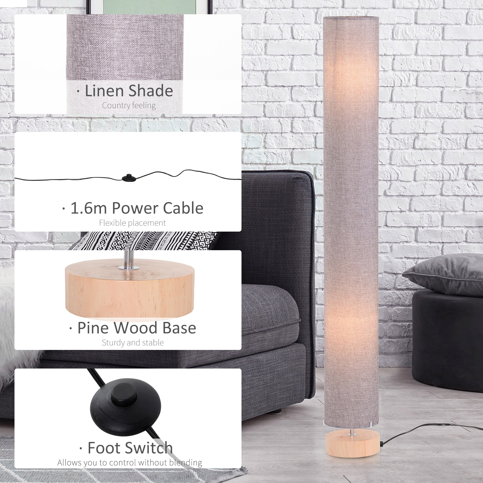 Kozy Floor Lamp for Living Room, 47" Modern Standing Lamp with Linen Shade, Wooden Base, Grey