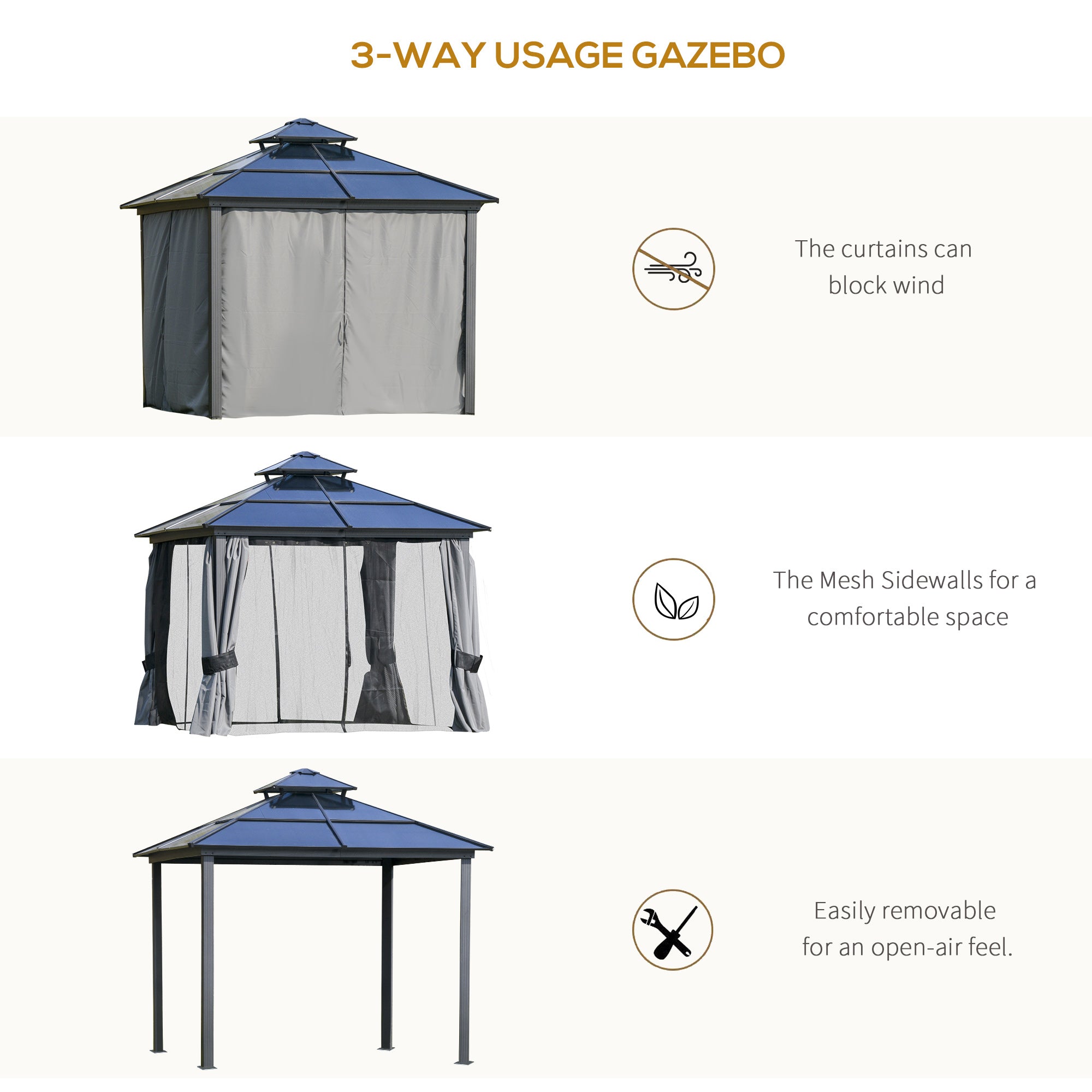 Outsunny 3 x 3(m) Polycarbonate Hardtop Gazebo Canopy with Double