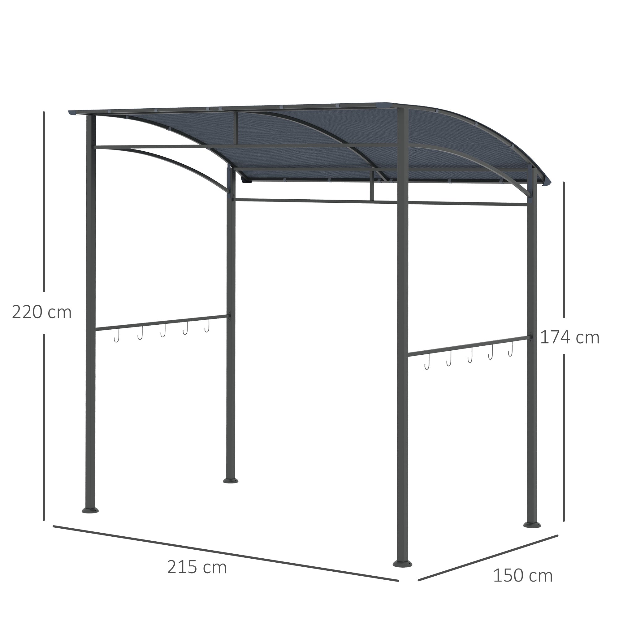 Kozy 2.2 x 1.5 m BBQ Grill Gazebo Tent, Garden Grill with Metal Frame, Curved Canopy and 10 Hooks, Outdoor Sun Shade, Grey