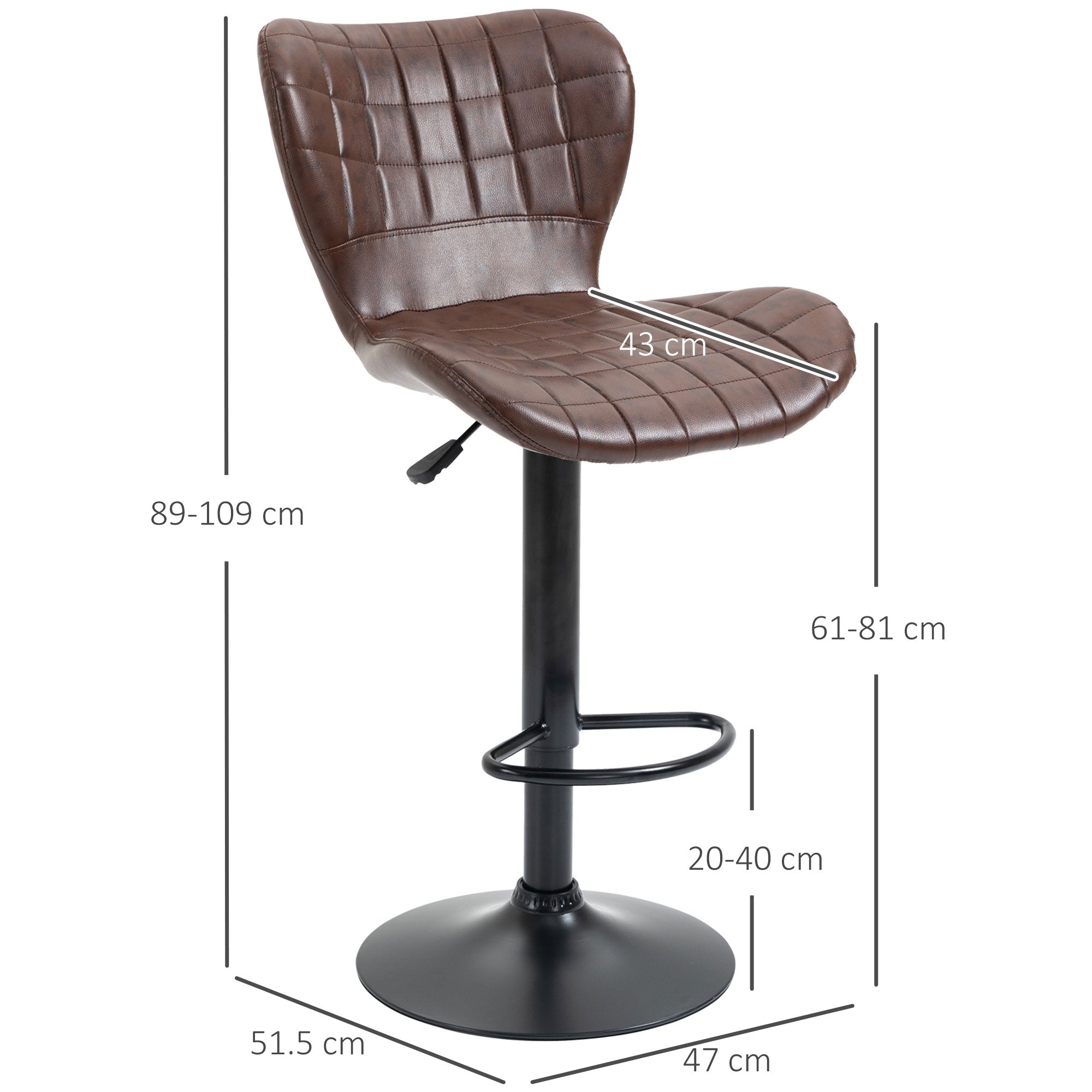 Kozy Bar Stools Set of 2 Adjustable Height Swivel Bar Chairs in PU Leather with Backrest & Footrest, Brown