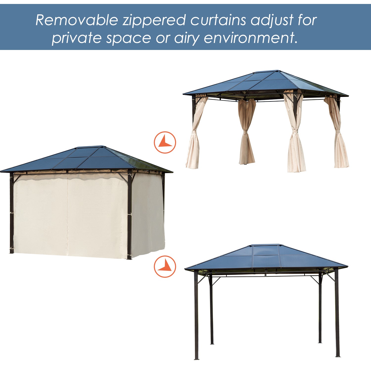 Outsunny 3.6 x 3(m) Hardtop Gazebo Canopy with Polycarbonate Roof Garden Pavilion with Removable Curtains and Steel Frame, Brown