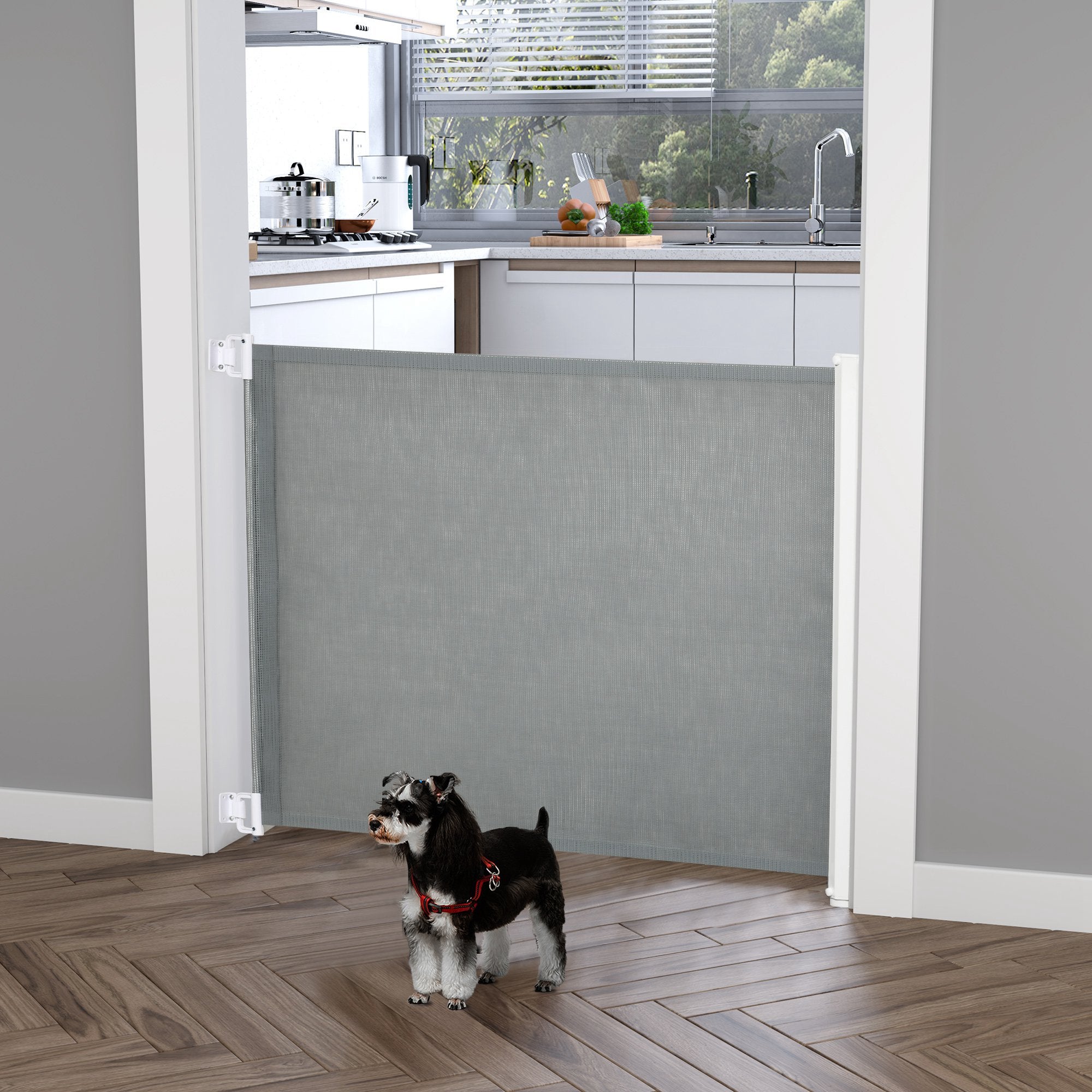 Kozy Retractable Pet Safety Gate, Folding Dog Barrier, Grey