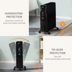 Kozy 2500W Digital Display Oil Filled Radiator, 11 Fin Portable Electric Heater with Timer, Adjustable Thermostat, Three Heat settings, Safety Cut Off, Remote, Black