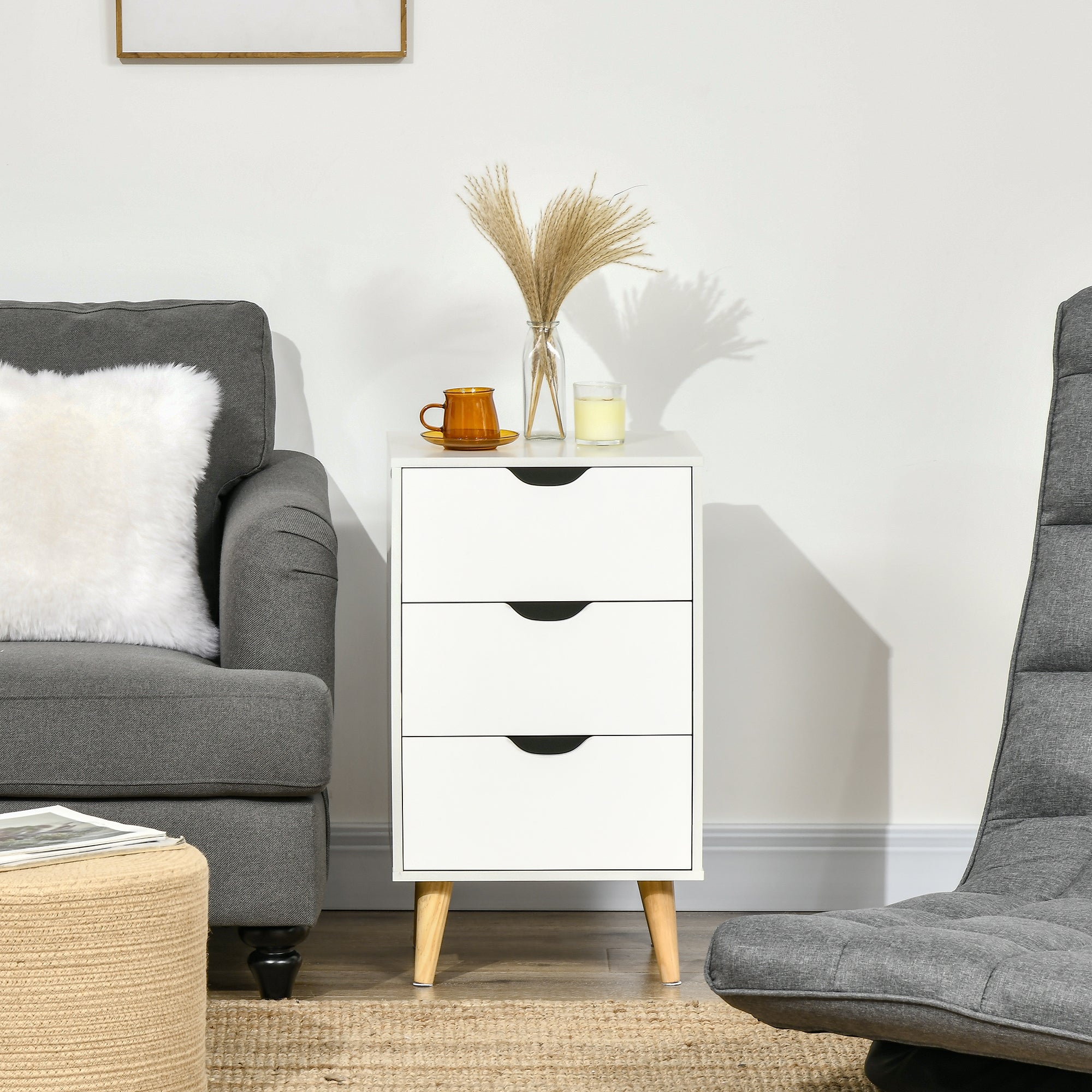 Kozy Bedside Table, Bedside Cabinet with 3 Drawers, Side End Table with Pine Wood Legs for Bedroom Living Room, White