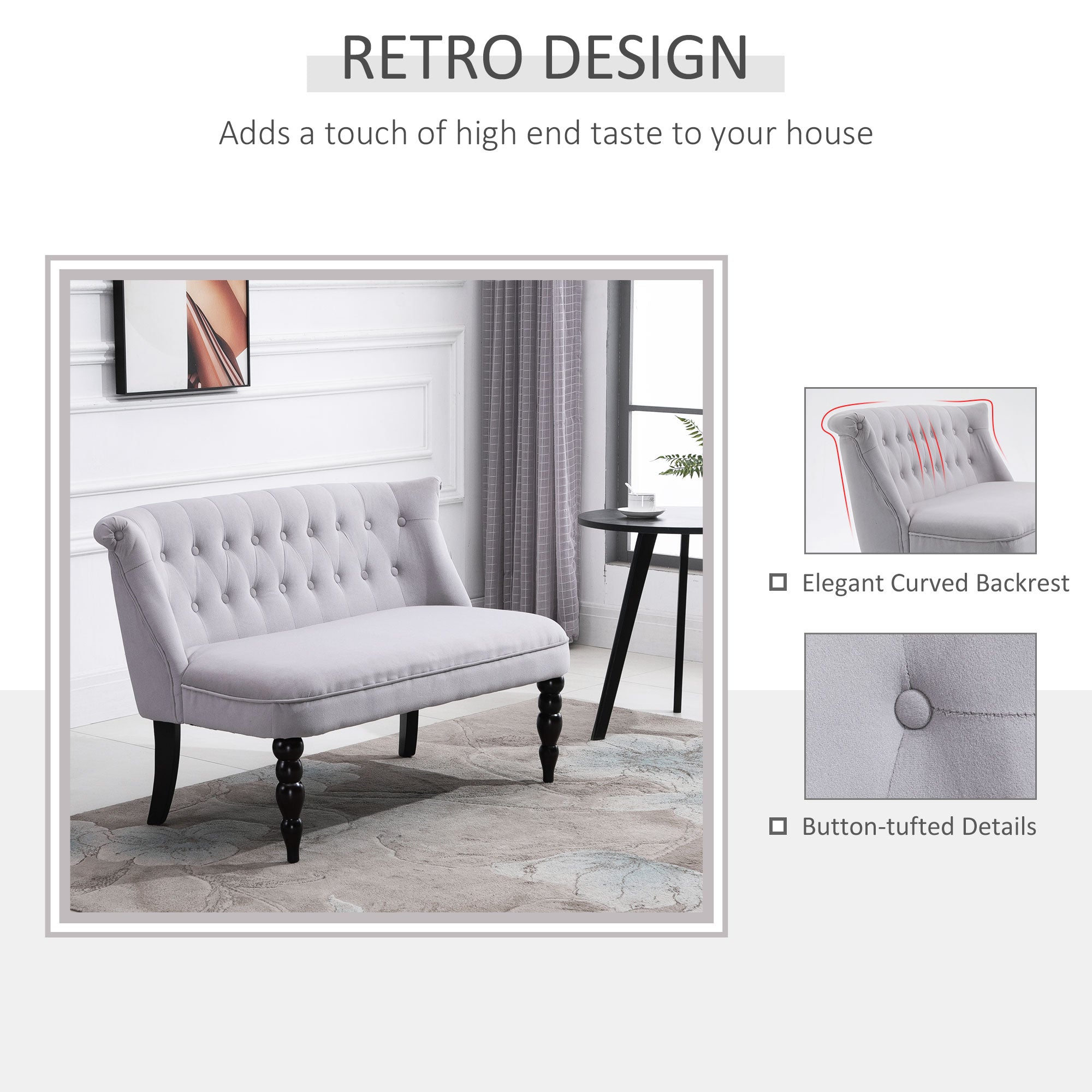 HOMCOM 2 Seat Sofa Lounger Couch with Wood Frame Button Tufts Carved Legs Vintage Design Compact Home Bedroom Loveseat, Grey | Aosom UK