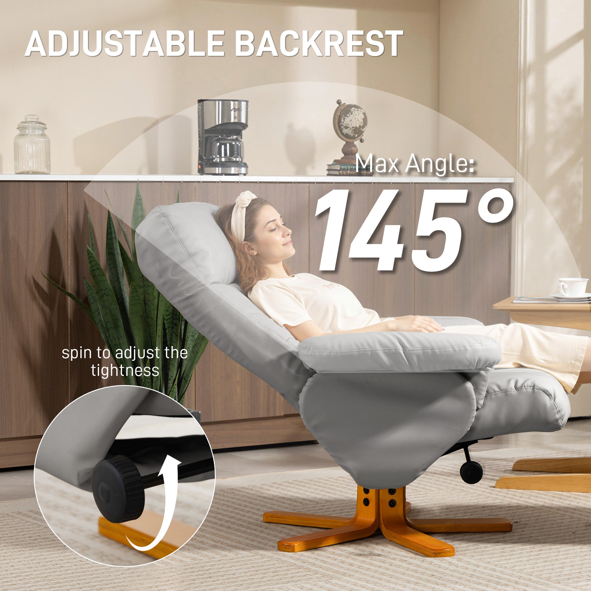 Kozy - PU Leather Swivel Recliner Chair with Footstool, Wooden Base and Storage for Living Room, Light Grey
