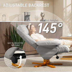 Kozy - PU Leather Swivel Recliner Chair with Footstool, Wooden Base and Storage for Living Room, Light Grey