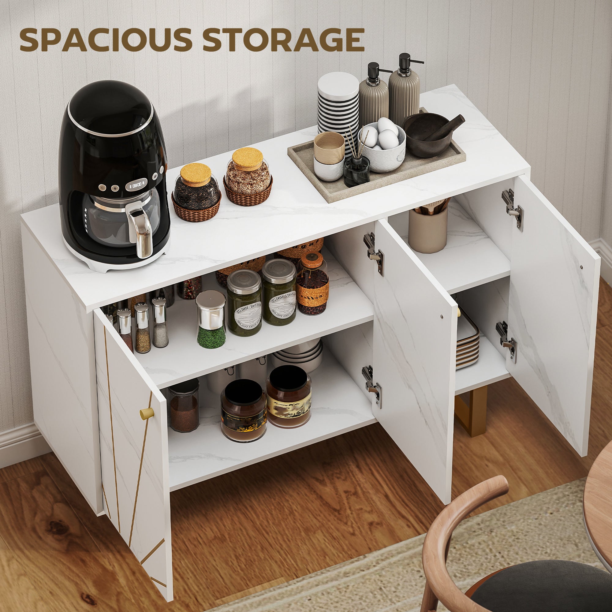 Kozy - Sideboard Storage Cabinet, Modern Storage Cupboard with Adjustable Shelves and Metal Legs for Living Room, Kitchen, Dining Room, Entryway, White Marble Tone