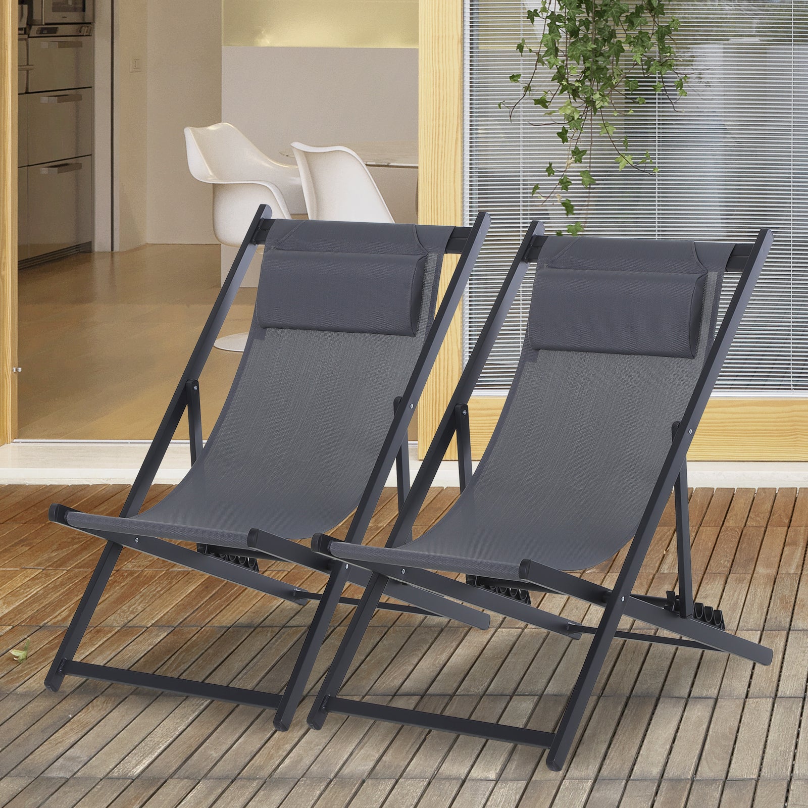 Outsunny Set of 2 Folding Garden Beach Deck Chairs Deckchairs Seaside Folding Garden Patio Lounger, Grey