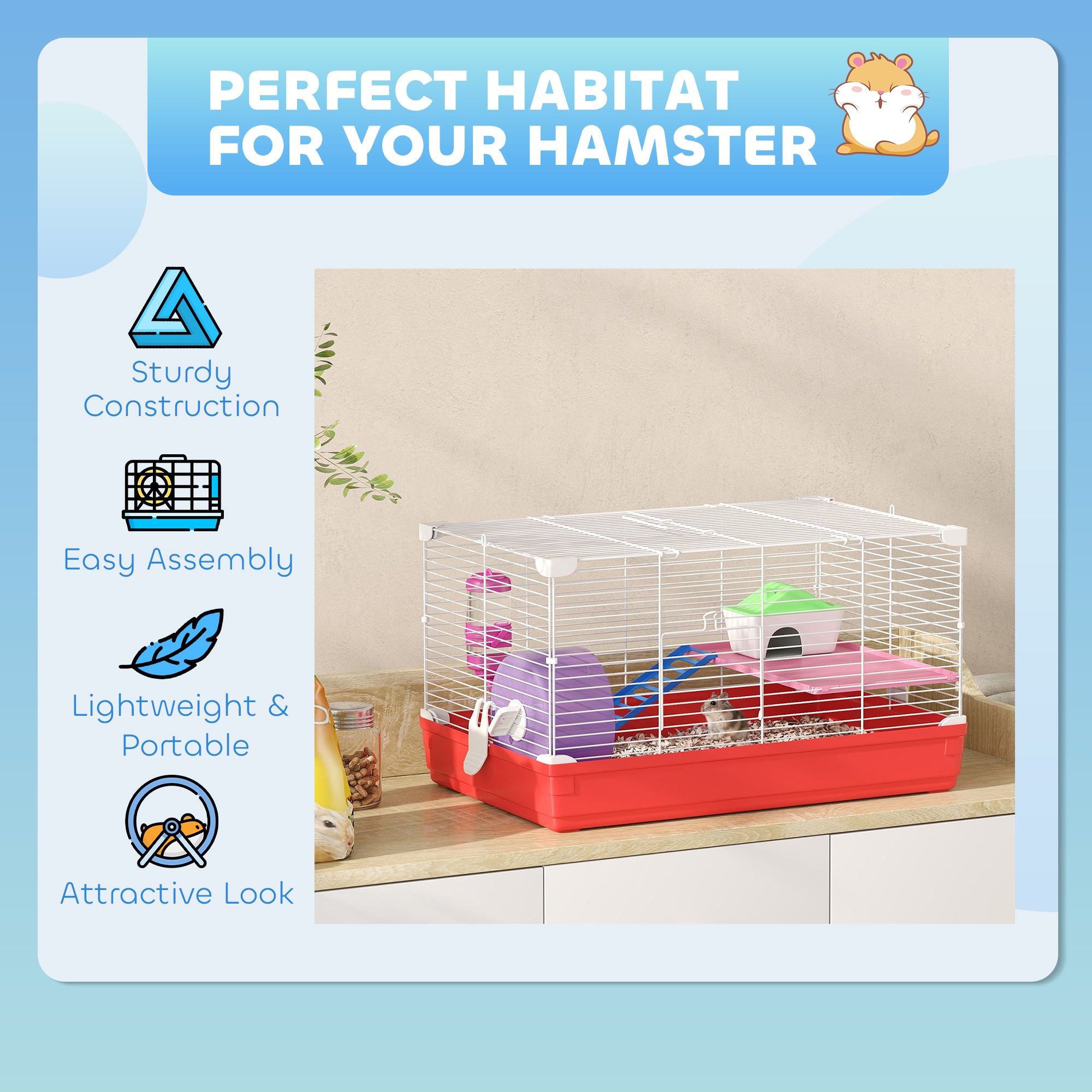 Kozy Hamster Cage, Small Gerbil Cage 2 Tiers Portable w/ Handle, Exercise Wheel, Water Bottle, Dishes