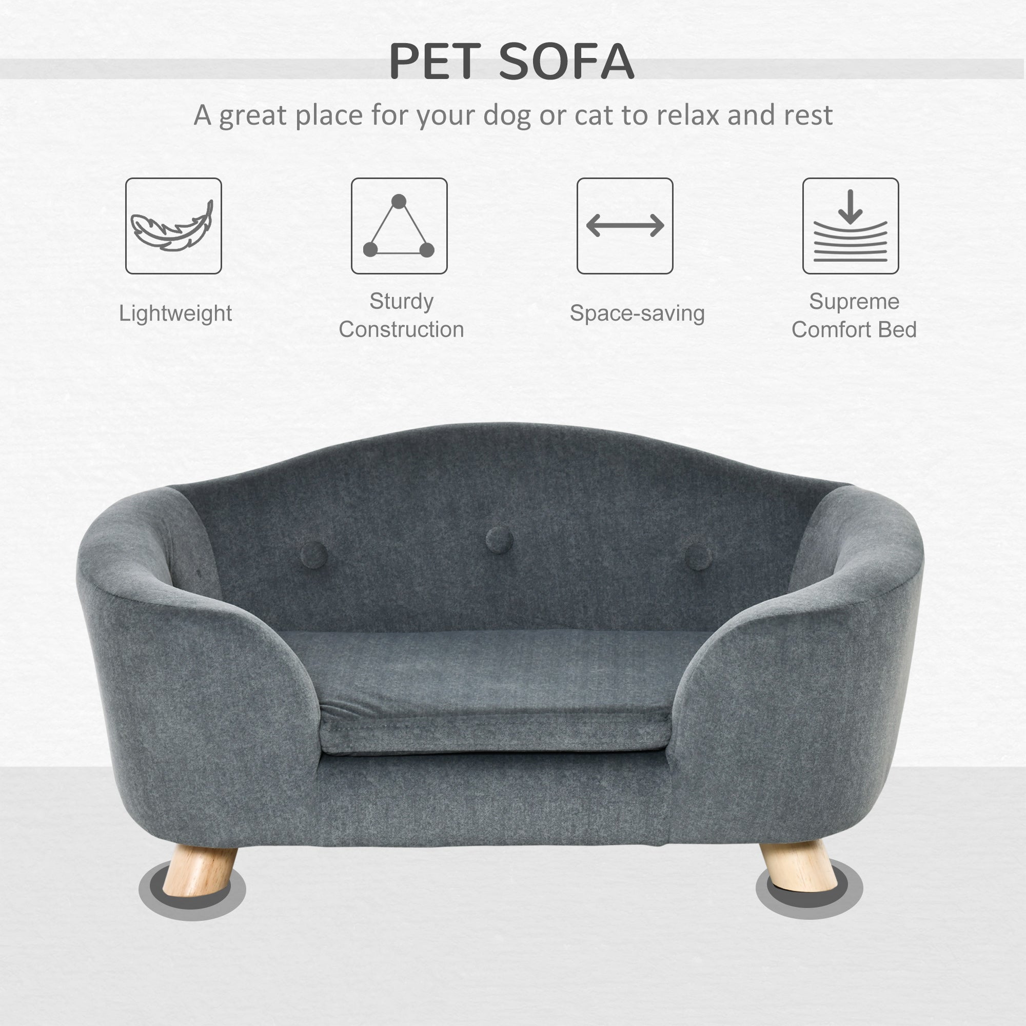 Kozy Dog Sofa Bed Pet Chair Couch with Water Resistant Fabric, Kitten Lounge with Soft Cushion, Wooden Frame for Mini Size Dogs - Grey