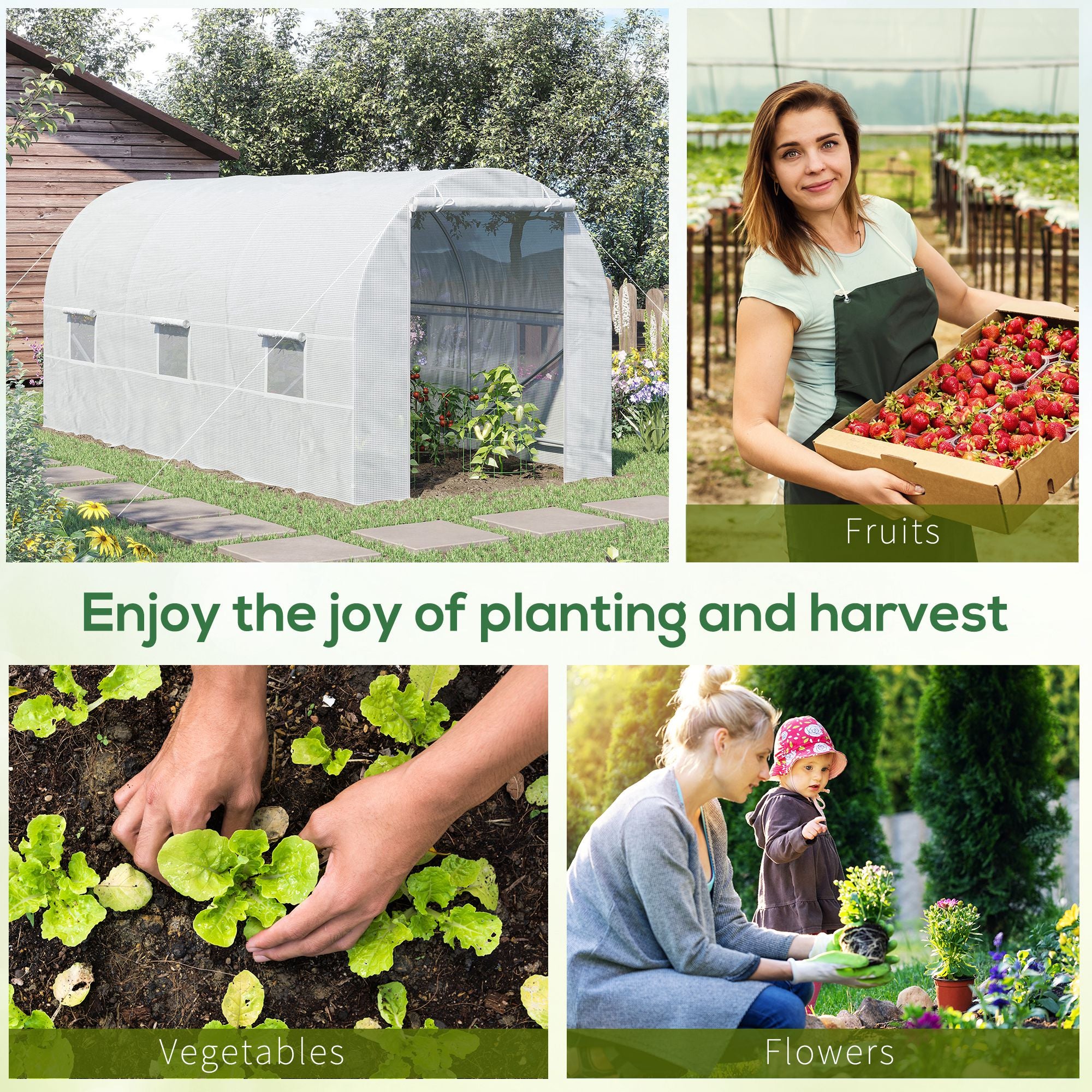 Kozy 4.5 x 2 x 2 m Polytunnel Greenhouse, Walk-in Green House for Garden with Mesh Windows, Galvanised Steel Frame, White