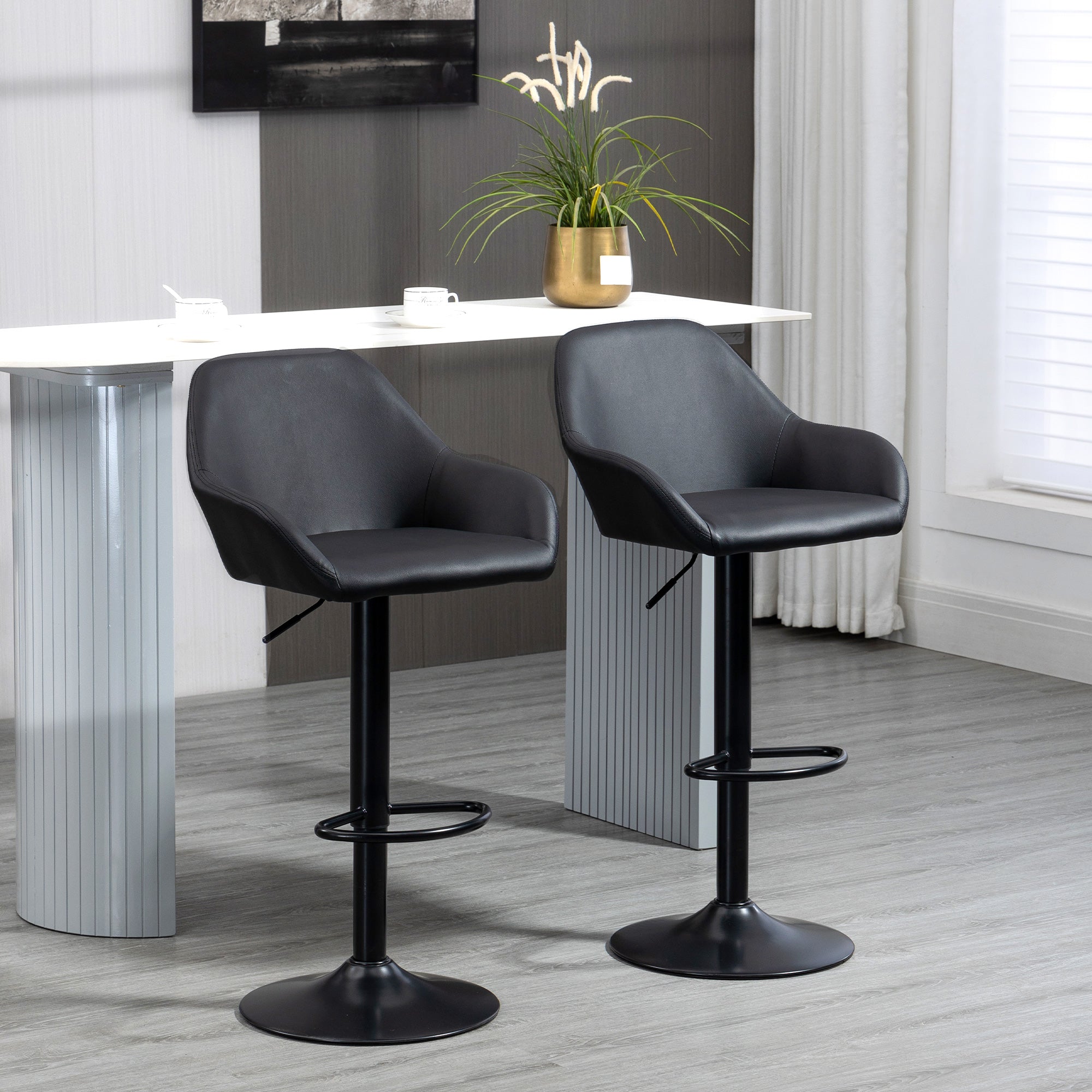 Kozy Bar Stools Set of 2, Height Adjustable Swivel Barstools, PU Leather Kitchen Stools with Backs, Armrests and Footrest for Home, Counter and Dining Room, Black