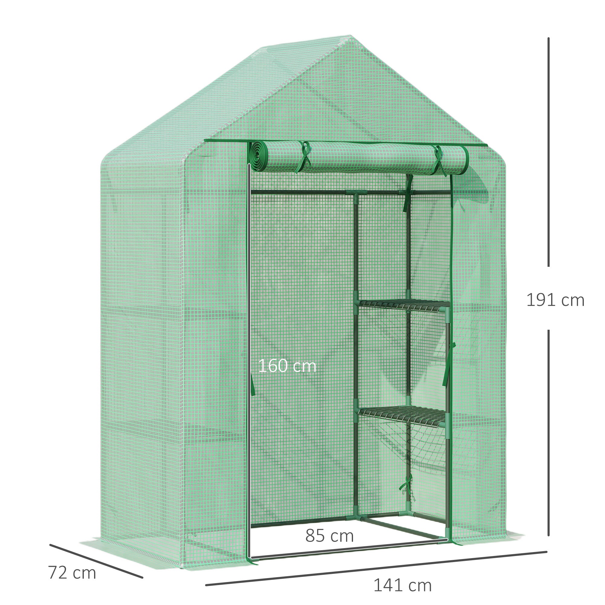 Kozy Walk In Greenhouse with Shelves, Portable Gardening Plant Grow House for Outdoor with 2 Tier Shelf, Roll-Up Zippered Door, PE Cover, 141 x 72 x 191cm, Green