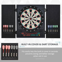 HOMCOM Electronic Dartboard In Case LED Scoreboard w/ 12 Darts 30 Heads Side Storage Cabinet Classic Game Family Fun Game Black White