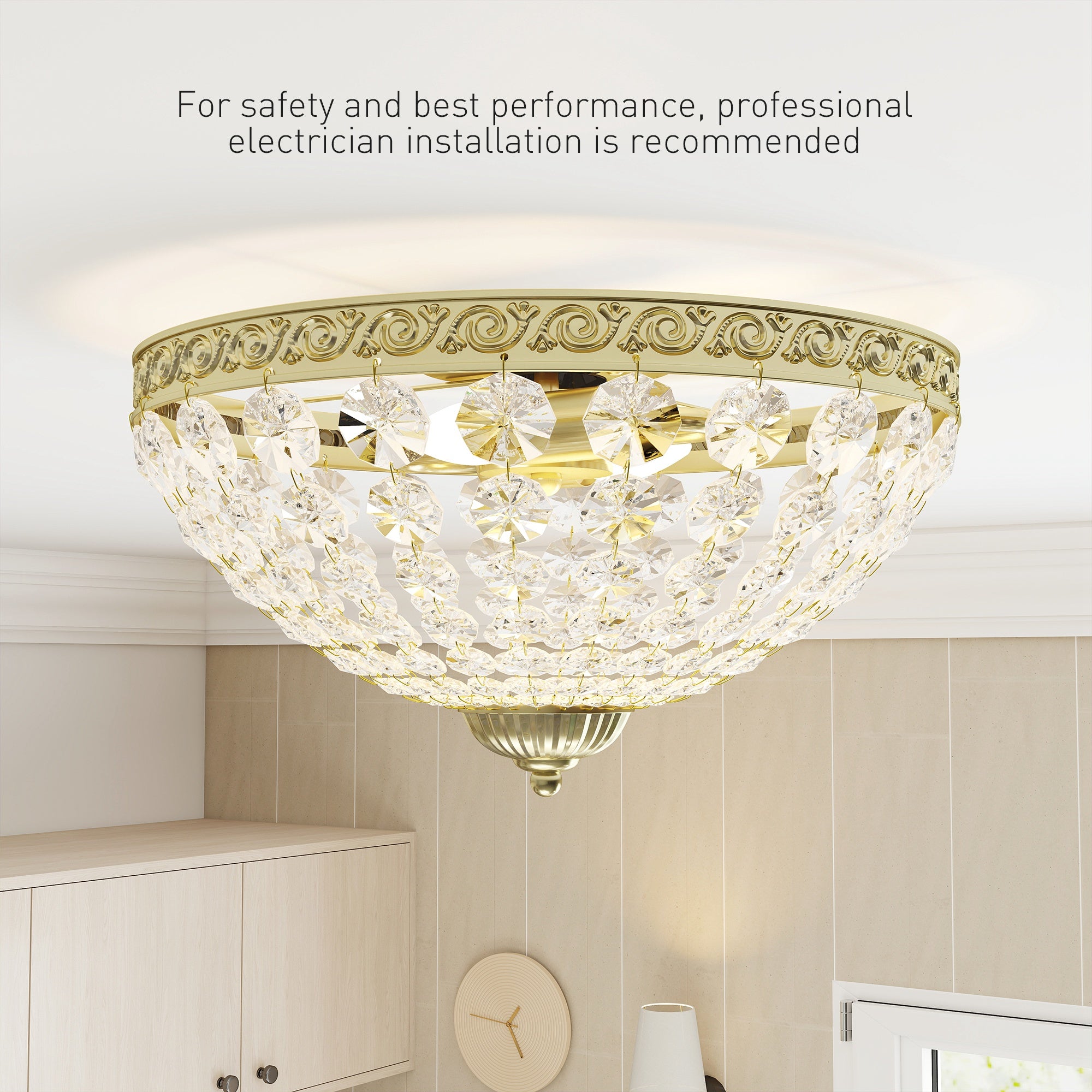 Kozy Crystal Chandelier Ceiling Light with 168 Octagonal Beads, Vintage 2-Light Flush Mount Ceiling Light for Living Room, Bedroom, Hallway, Dining Room, Gold Tone
