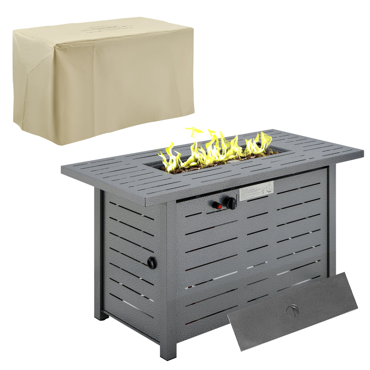 Kozy Propane Gas Fire Pit Table, 50000BTU Smokeless Firepit Outdoor Patio Heater with Protective Cover, Lava Rocks and Lid, 107cm x 51cm x 63cm, Silver Grey