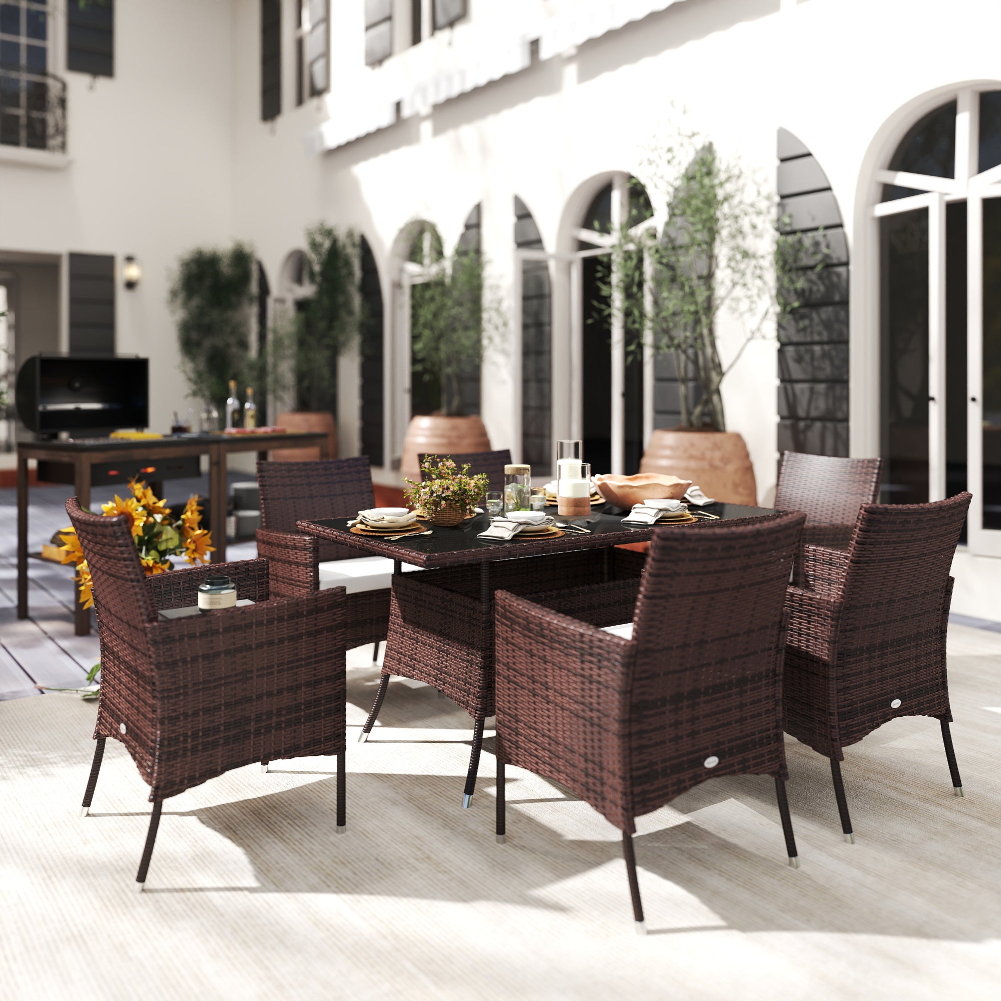 Kozy 6 Seater Rattan Dining Set with Cushions, Rattan Garden Furniture Set with 6 Armchairs, Rectangular Glass Top Table, Outdoor Dining Table and Chairs, Brown