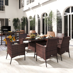Kozy 6 Seater Rattan Dining Set with Cushions, Rattan Garden Furniture Set with 6 Armchairs, Rectangular Glass Top Table, Outdoor Dining Table and Chairs, Brown