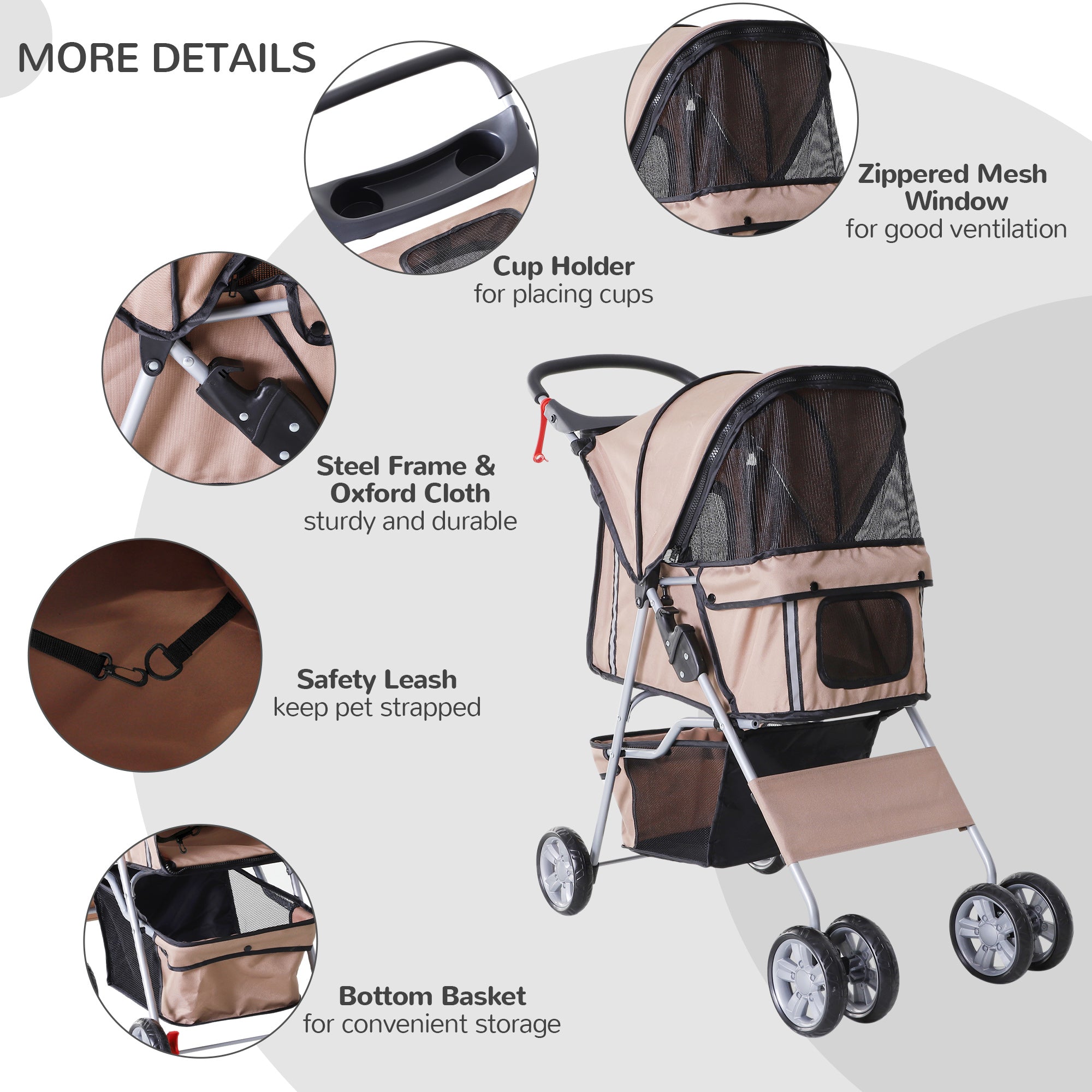 PawHut Pet Stroller Dog Pram Foldable with Wheels, Zipper Entry, Cup Holder, Storage Basket, Brown