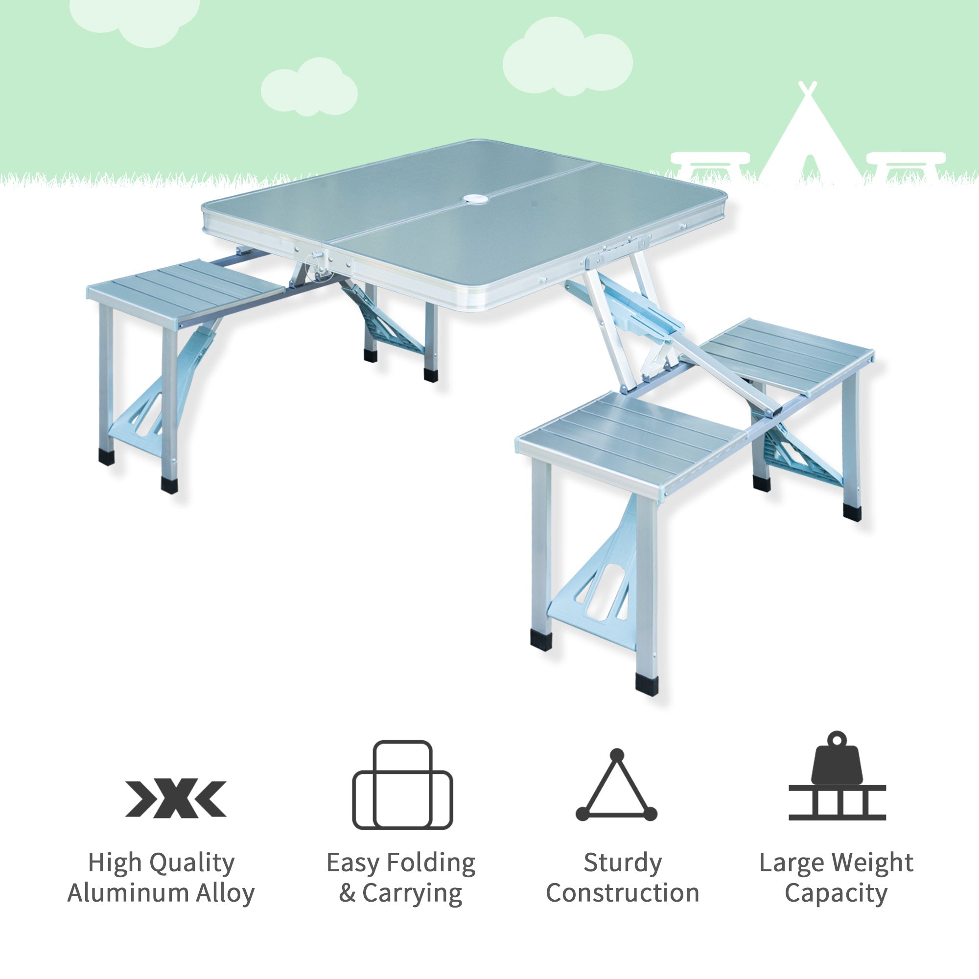 Outsunny Folding Camping Table and Chairs Set, Portable Picnic Table with Stools, Aluminium Outdoor Garden BBQ Party Field Kitchen