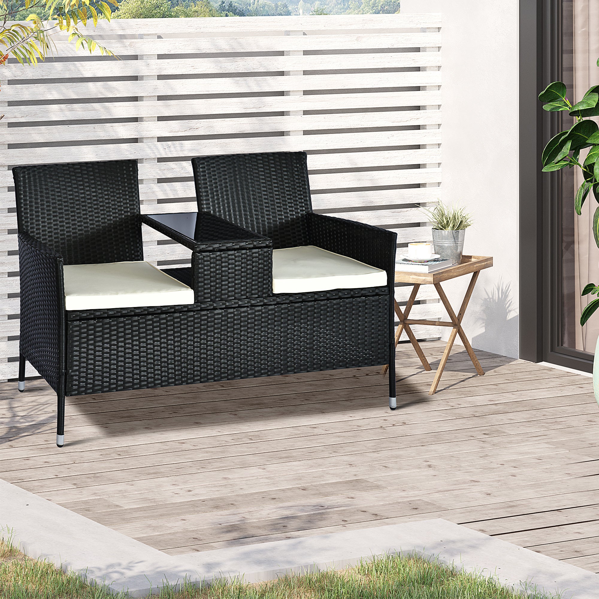 Kozy 2 Seater Rattan Campanion Chair Wicker Loveseat Outdoor Patio Armchair with Drink Table Garden Furniture - Black