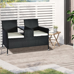 Kozy 2 Seater Rattan Campanion Chair Wicker Loveseat Outdoor Patio Armchair with Drink Table Garden Furniture - Black