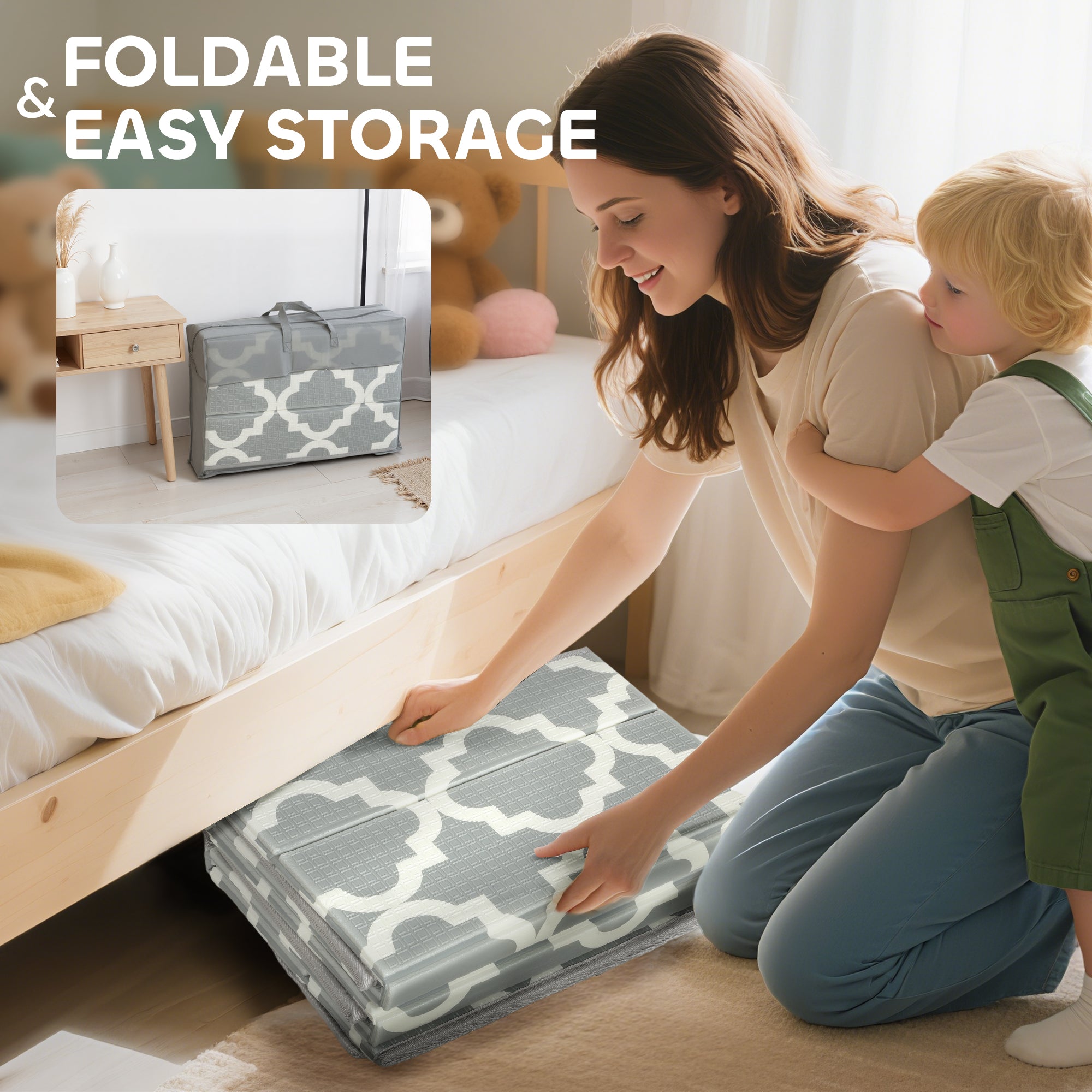 Kozy Foldable Baby Play Mat, Baby Playpen, Reversible Foam Playmat, Floor Mats for Toddlers, Traffic and Grey Diamond Theme