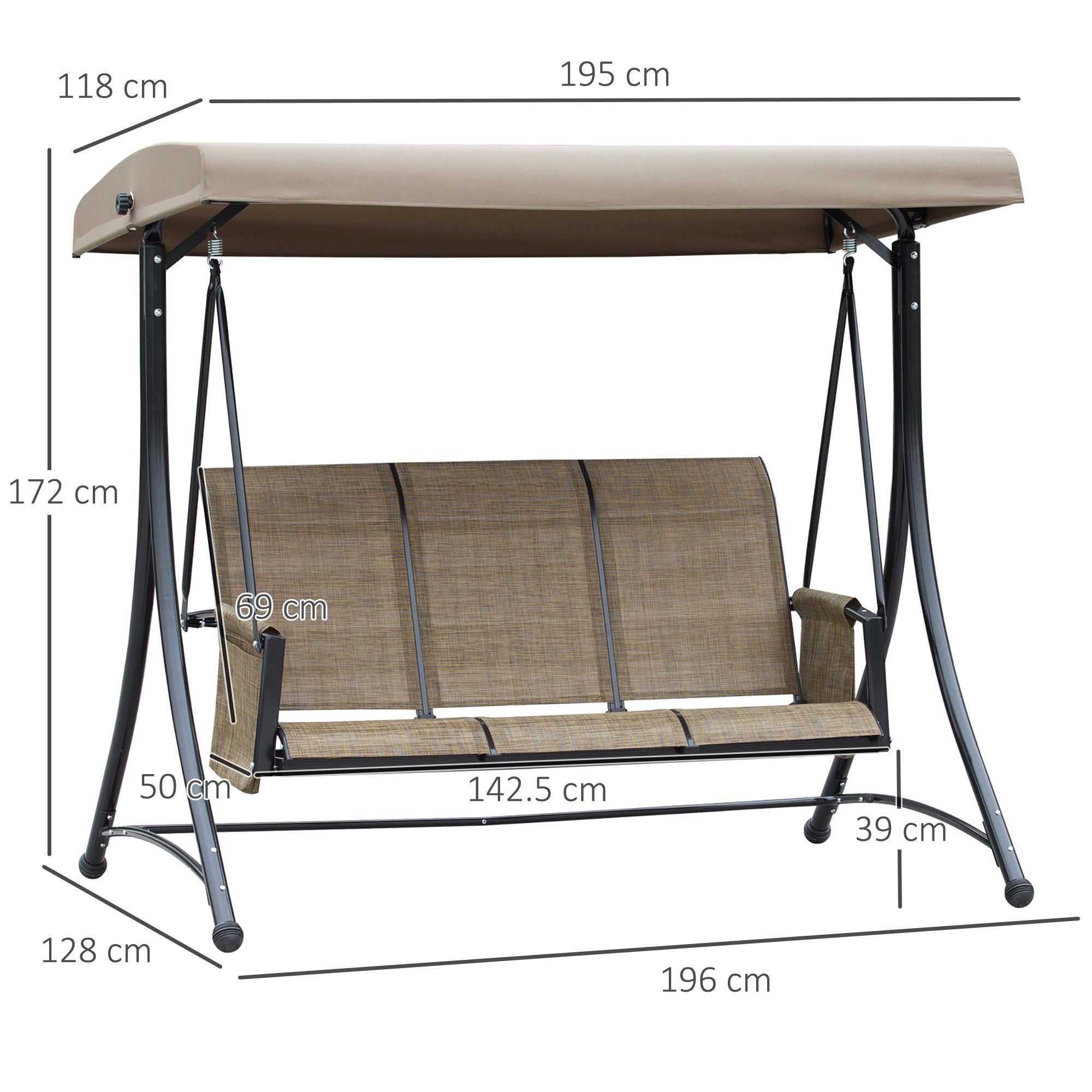 Kozy 3 Seater Garden Swing Seat Outdoor Swing Chair with High Back Design, Steel Frame, Side Pouches, Adjustable Canopy, Brown