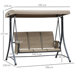 Kozy 3 Seater Garden Swing Seat Outdoor Swing Chair with High Back Design, Steel Frame, Side Pouches, Adjustable Canopy, Brown