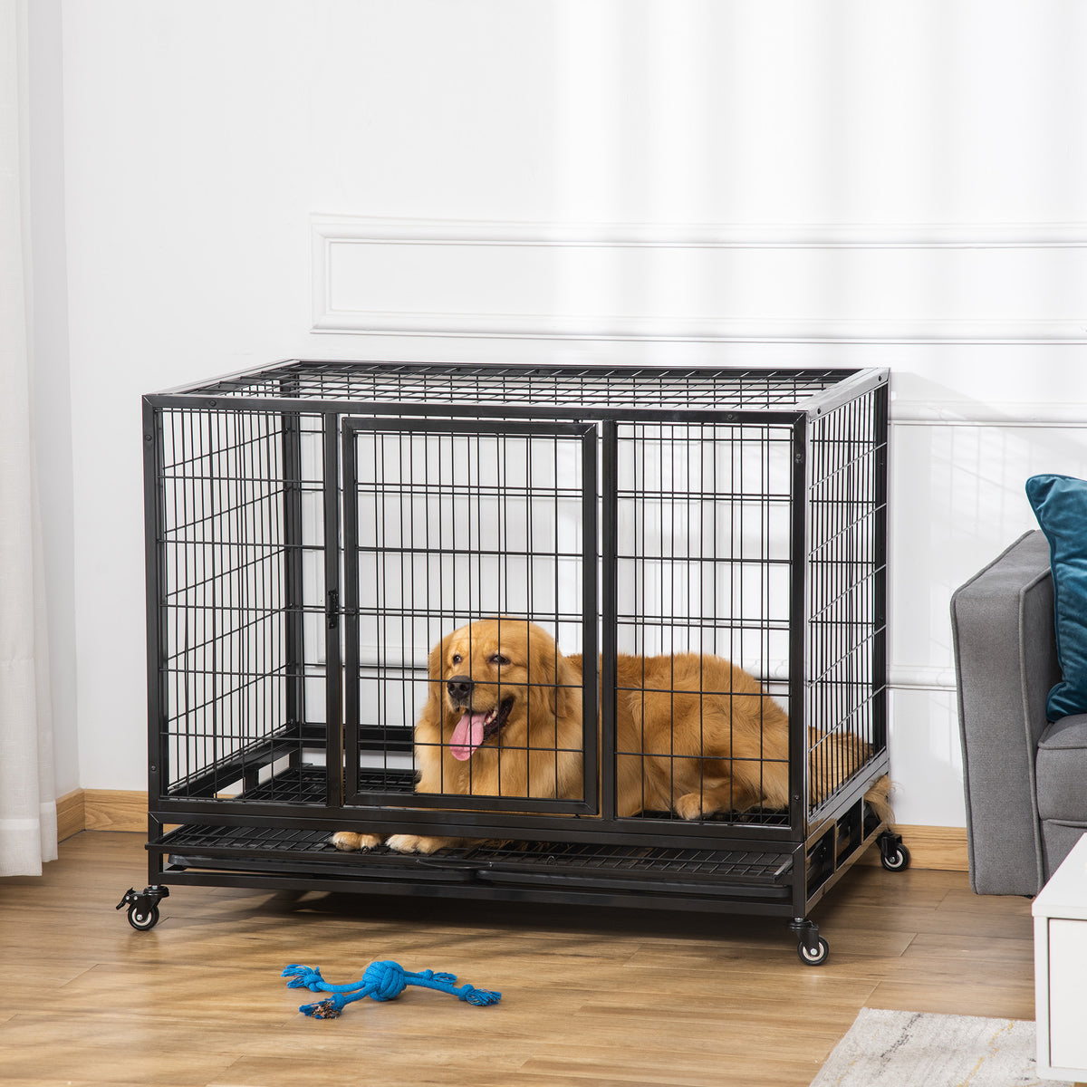 PawHut 43" Heavy Duty Metal Dog Kennel Pet Cage with Crate Tray and Wheels