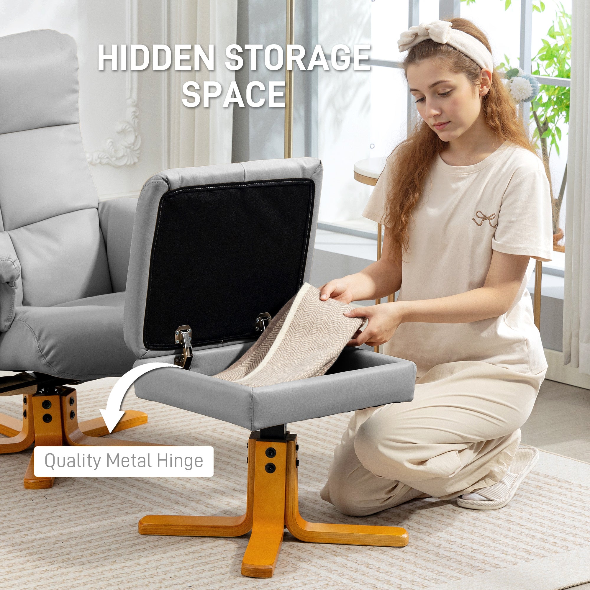 Kozy - PU Leather Swivel Recliner Chair with Footstool, Wooden Base and Storage for Living Room, Light Grey