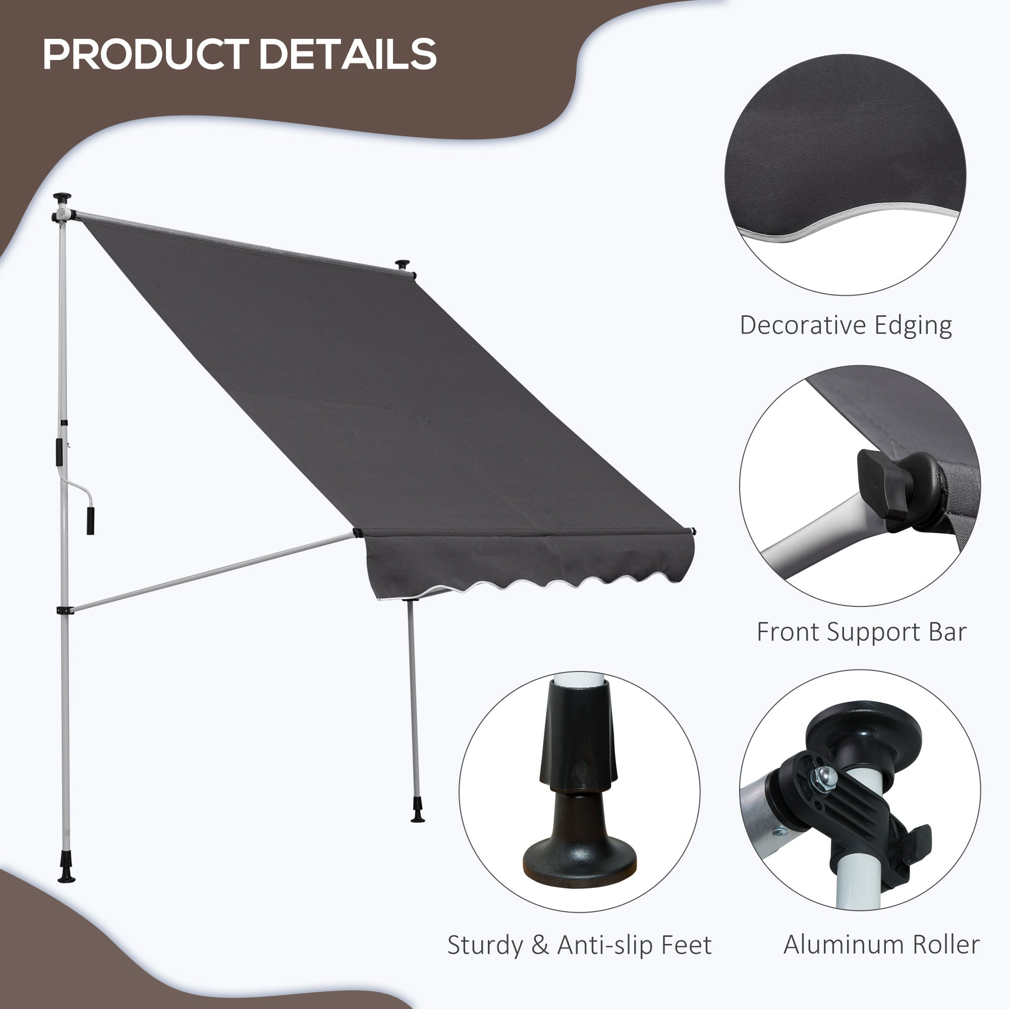 Outsunny Balcony 2 x 1.5m Manual Adjustable Awning DIY Patio Clamp Awning Canopy  Retractable Shade Shelter