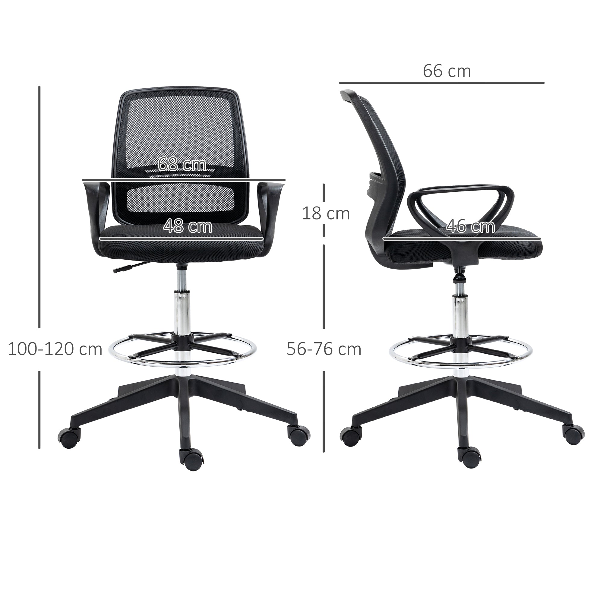 Kozy Drafting Chair, Ergonomic Tall Office Chair with Mesh Back, Lumbar Support, Adjustable Height and Foot Ring, Swivel Wheels, for Standing Desk, Black