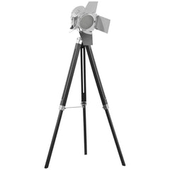 Kozy Industrial Tripod Floor Lamp, Nautical Cinema Standing Spotlight with Wood Legs and Adjustable Height for Living Room, Bedroom, Black and Silver