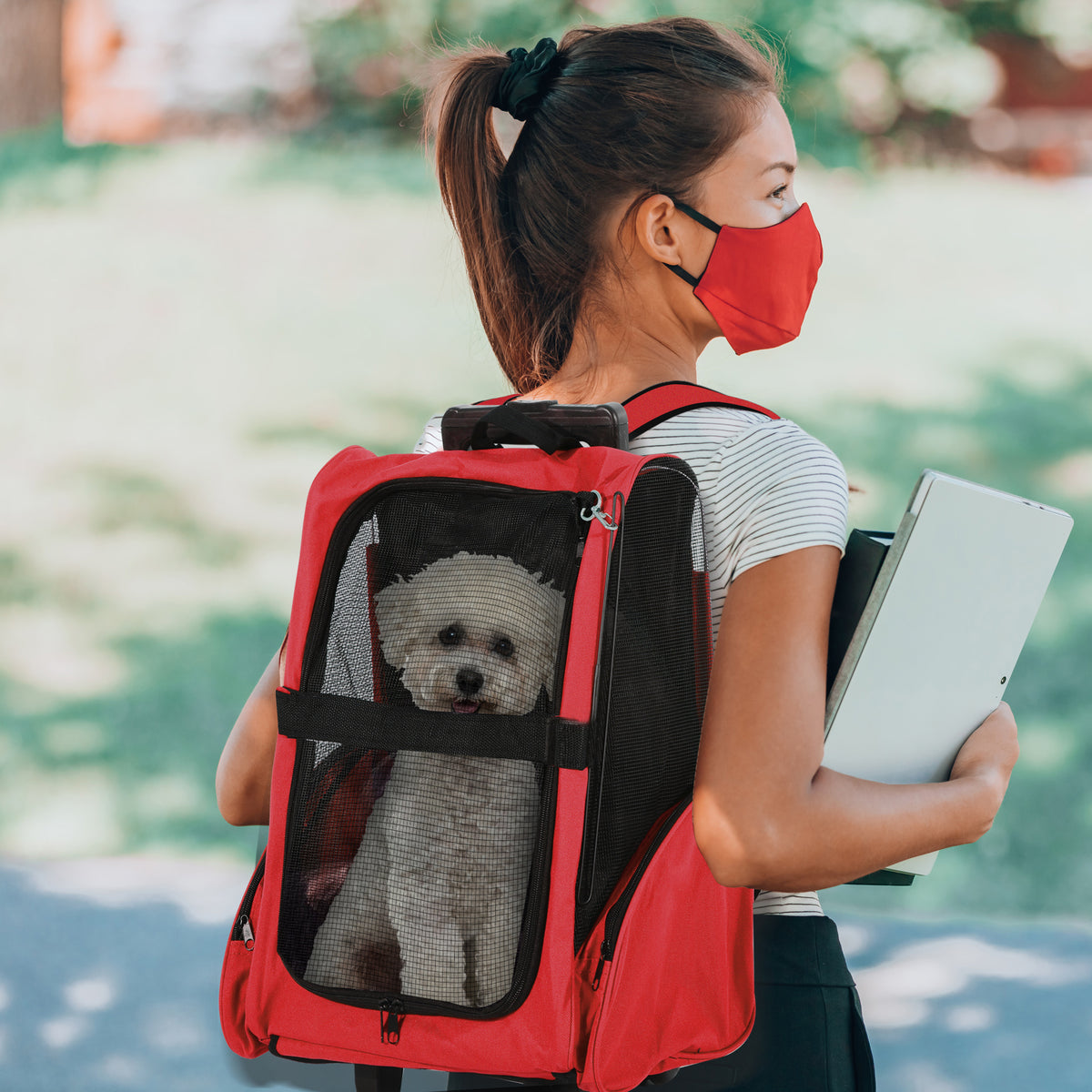 PawHut Pet Carrier Backpack with Trolley, Telescopic Handle Travel Bag for Dogs and Cats, 42 x 25 x 55 cm, Red