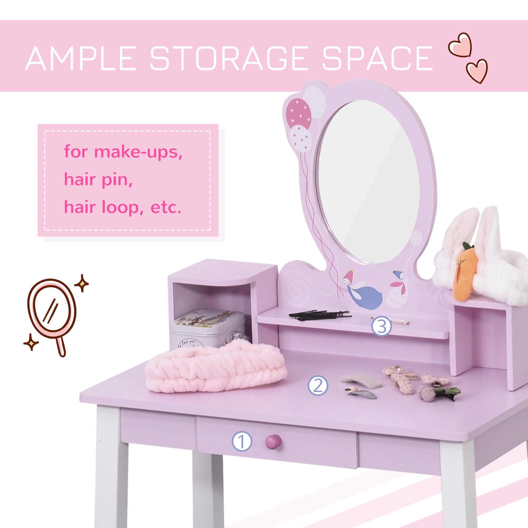 HOMCOM 2 PCS Kids Wooden Dressing Table and Stool Girls Vanity Table Makeup Table Set with Mirror Drawers Role Play for Toddlers 3 Year+, Pink White