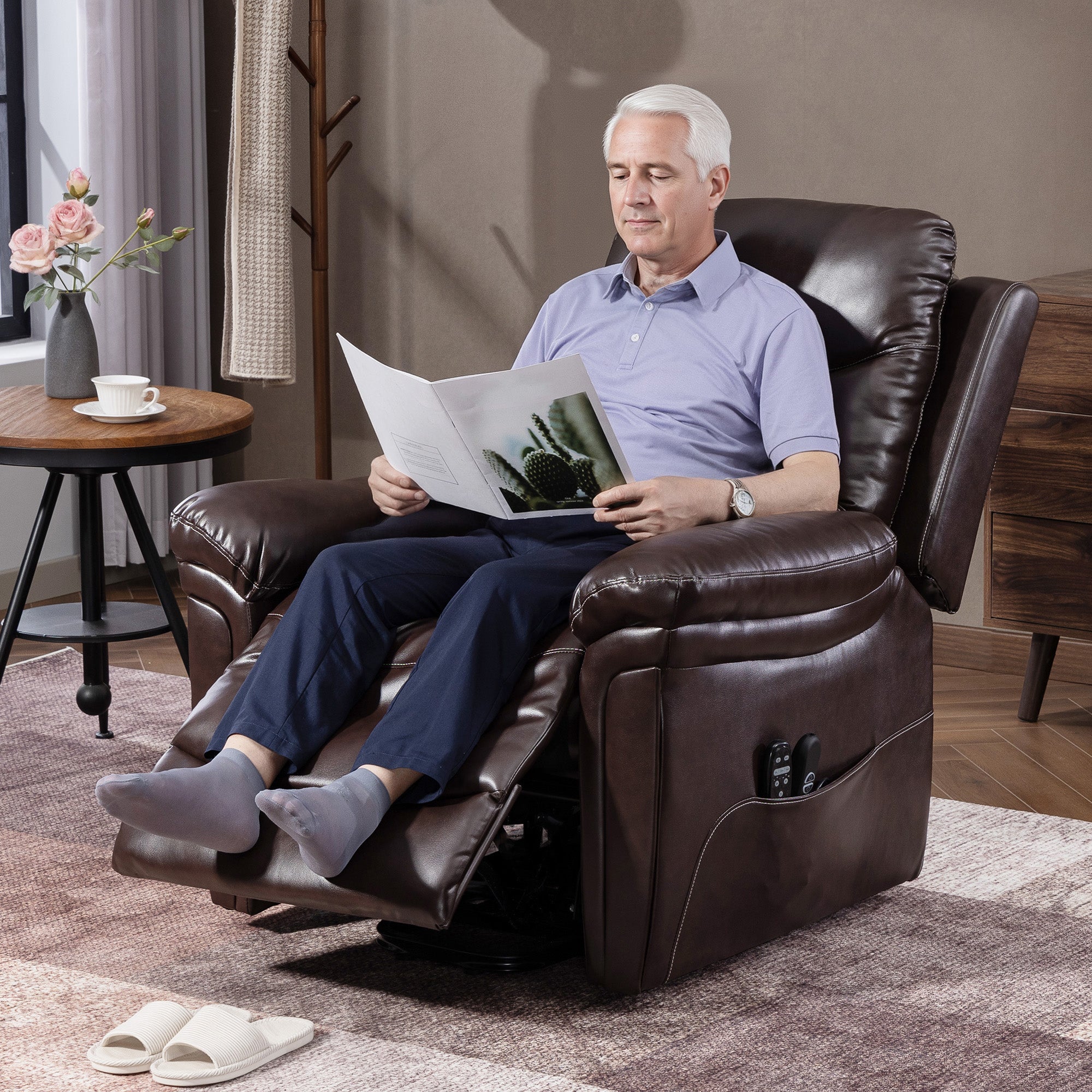 Kozy - Power Lift Recliner Chair with Vibration Massage, Heat, USB - Brown