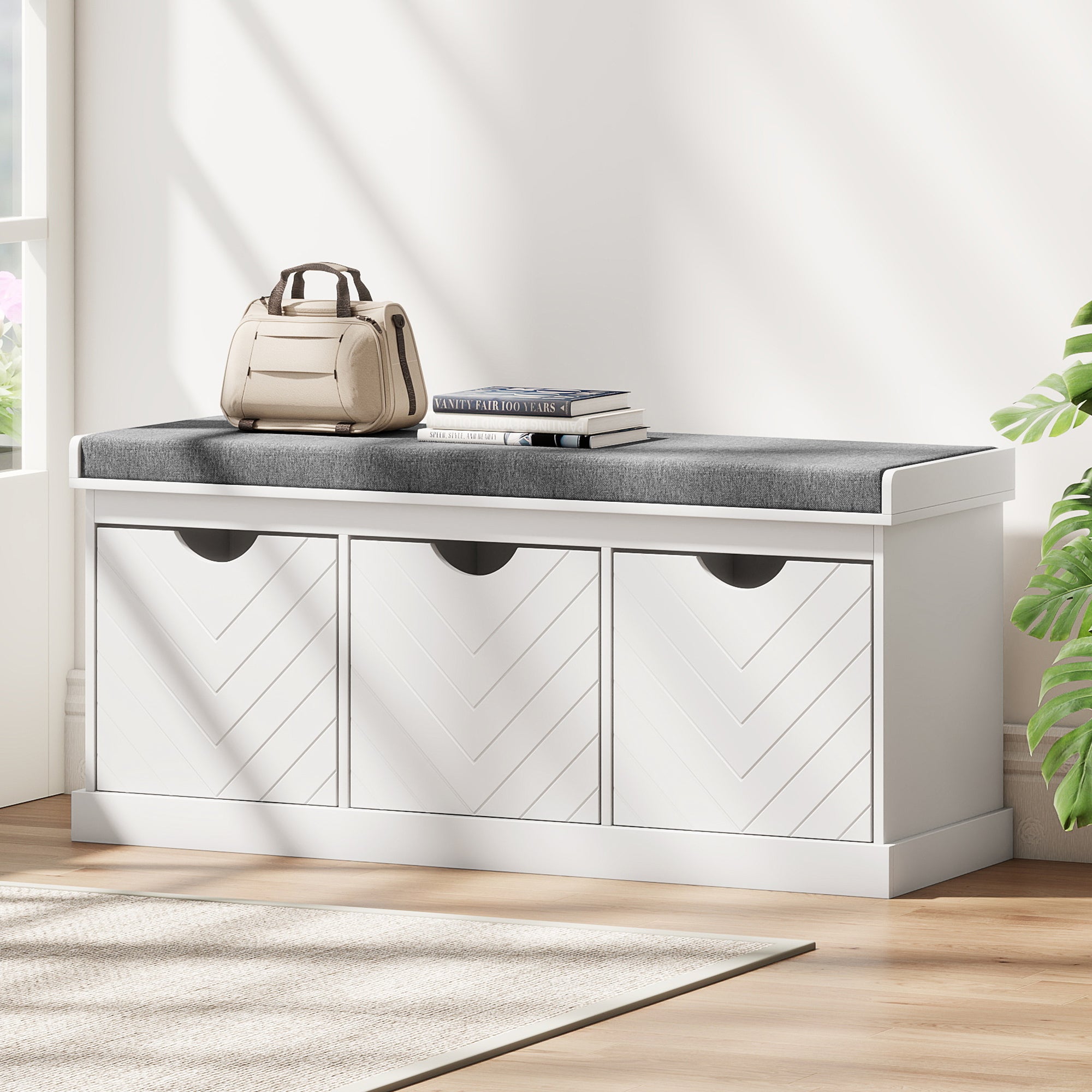 Kozy Three-Drawer Shoe Bench, with Seat - White