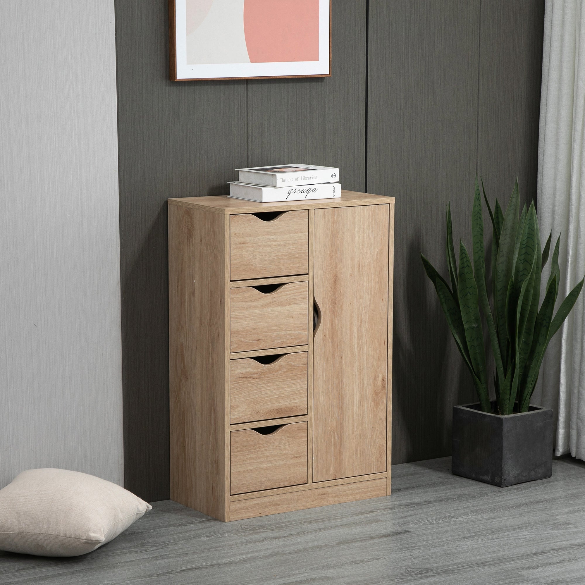 Kozy Bathroom Cabinet, Freestanding Storage Cabinet with 4 Drawers, Door Cupboard for Living Room, Kitchen, Bedroom, Natural