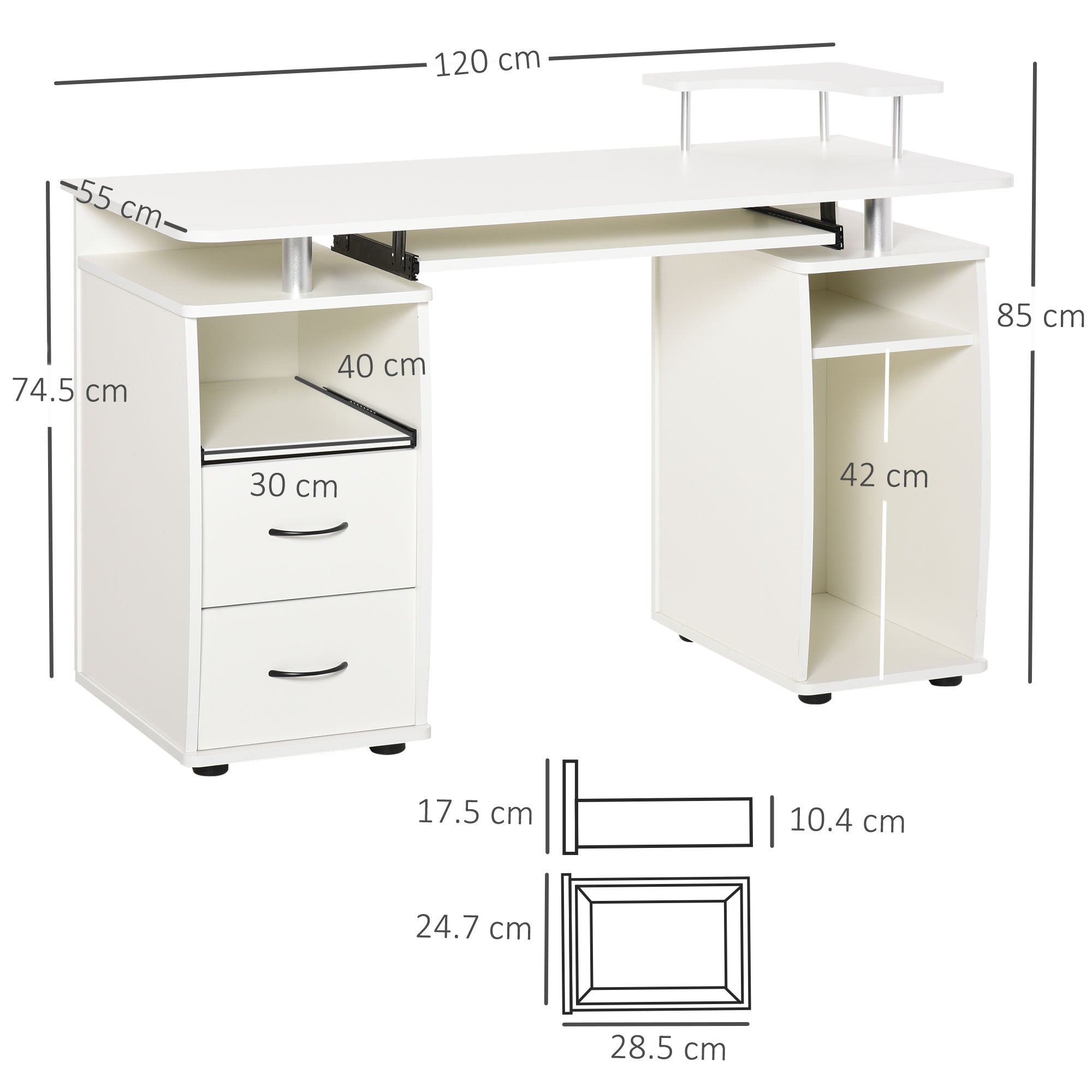 HOMCOM Computer Desk Office PC Table Workstation with Keyboard Tray, CPU Shelf, Drawers, Sliding Scanner Shelf, White | Aosom UK