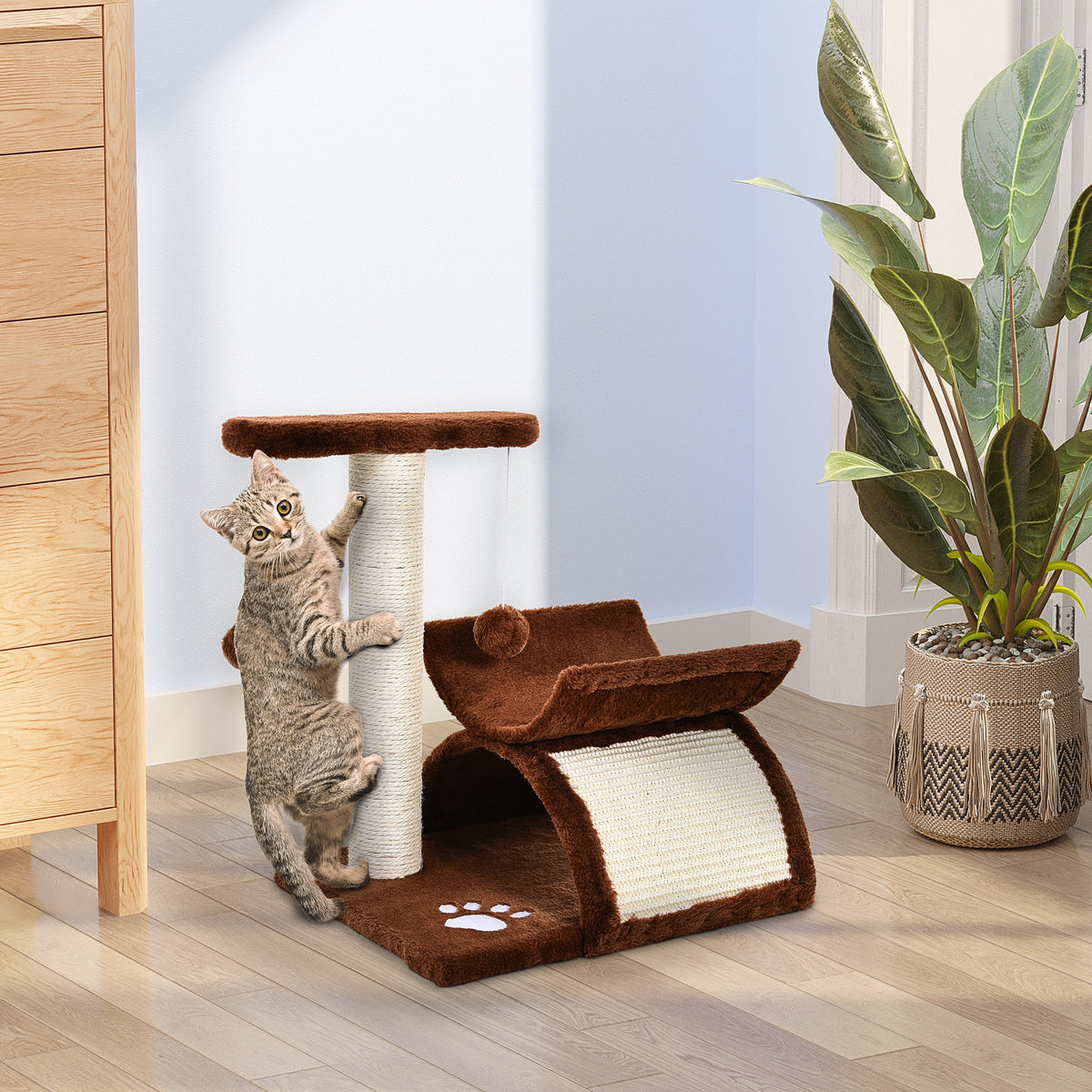 PawHut Cat Tree, Cat Tower for Kittens, Small Cat Condo with Rotatable Top Bar, Sisal Scratching Post, Tunnel, Dangling Balls